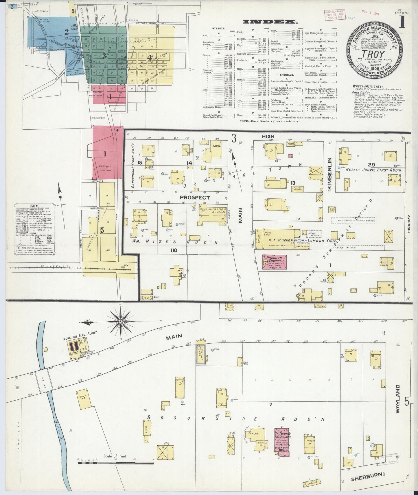 Sanborn Fire Insurance Map from Troy, Madison County, Illinois (1909), Sheet #0001 - Complete Map Set gallery image, historic Sanborn map, vintage wall art, Illinois Illinois