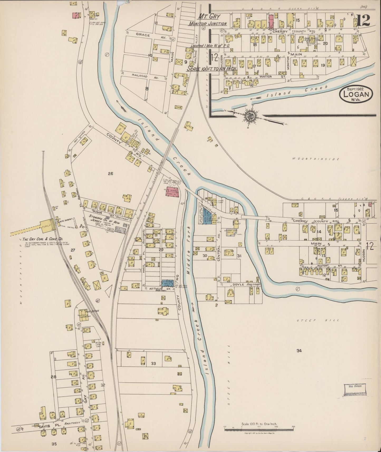 Sanborn Fire Insurance Map from Logan, Logan County, West Virginia (1922), Sheet #0012 - Historic Sanborn Fire Insurance Map Print, vintage old map wall art, antique decor, genealogy gift, West Virginia West Virginia map