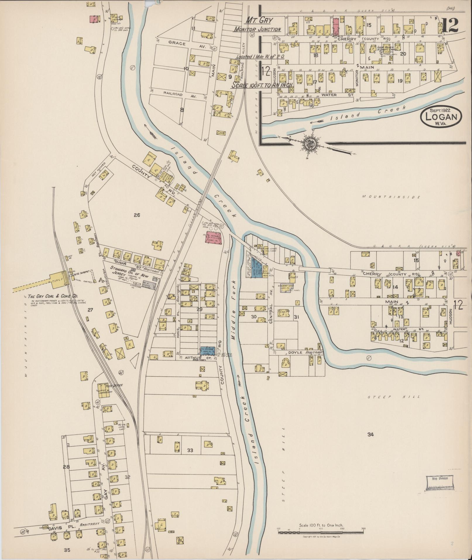 Sanborn Fire Insurance Map from Logan, Logan County, West Virginia (1922), Sheet #0012 - Historic Sanborn Fire Insurance Map Print, vintage old map wall art, antique decor, genealogy gift, West Virginia West Virginia map