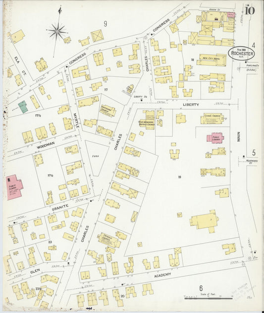Sanborn Fire Insurance Map from Rochester, Strafford County, New Hampshire (1908), Sheet #0010 - Historic Sanborn Fire Insurance Map Print, vintage old map wall art, antique decor, genealogy gift, New Hampshire New Hampshire map