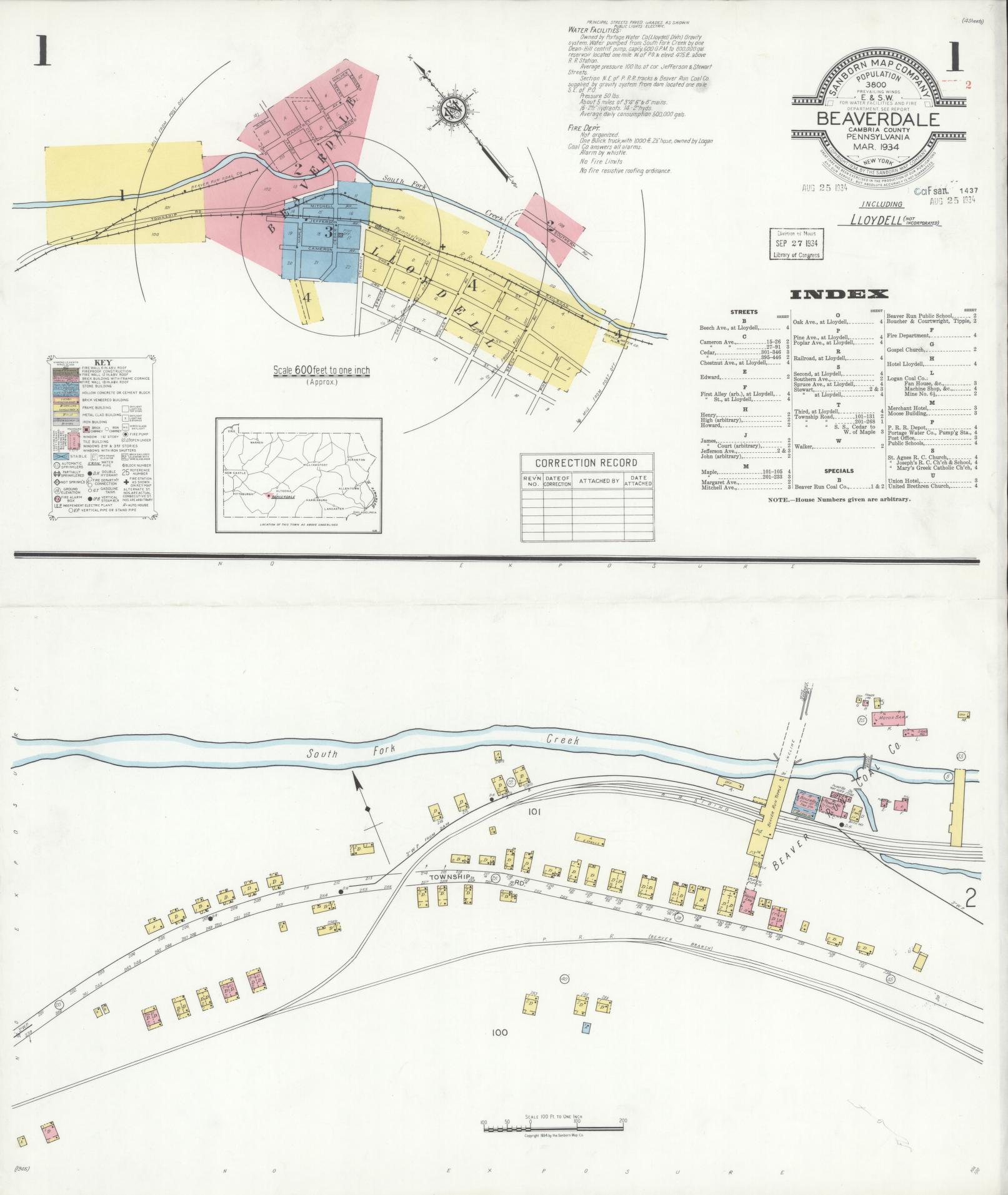 Sanborn Fire Insurance Map from Beaverdale, Cambria County, Pennsylvania (1934), Sheet #0001 - Historic Sanborn Fire Insurance Map Print, vintage old map wall art, antique decor, genealogy gift, Pennsylvania Pennsylvania map