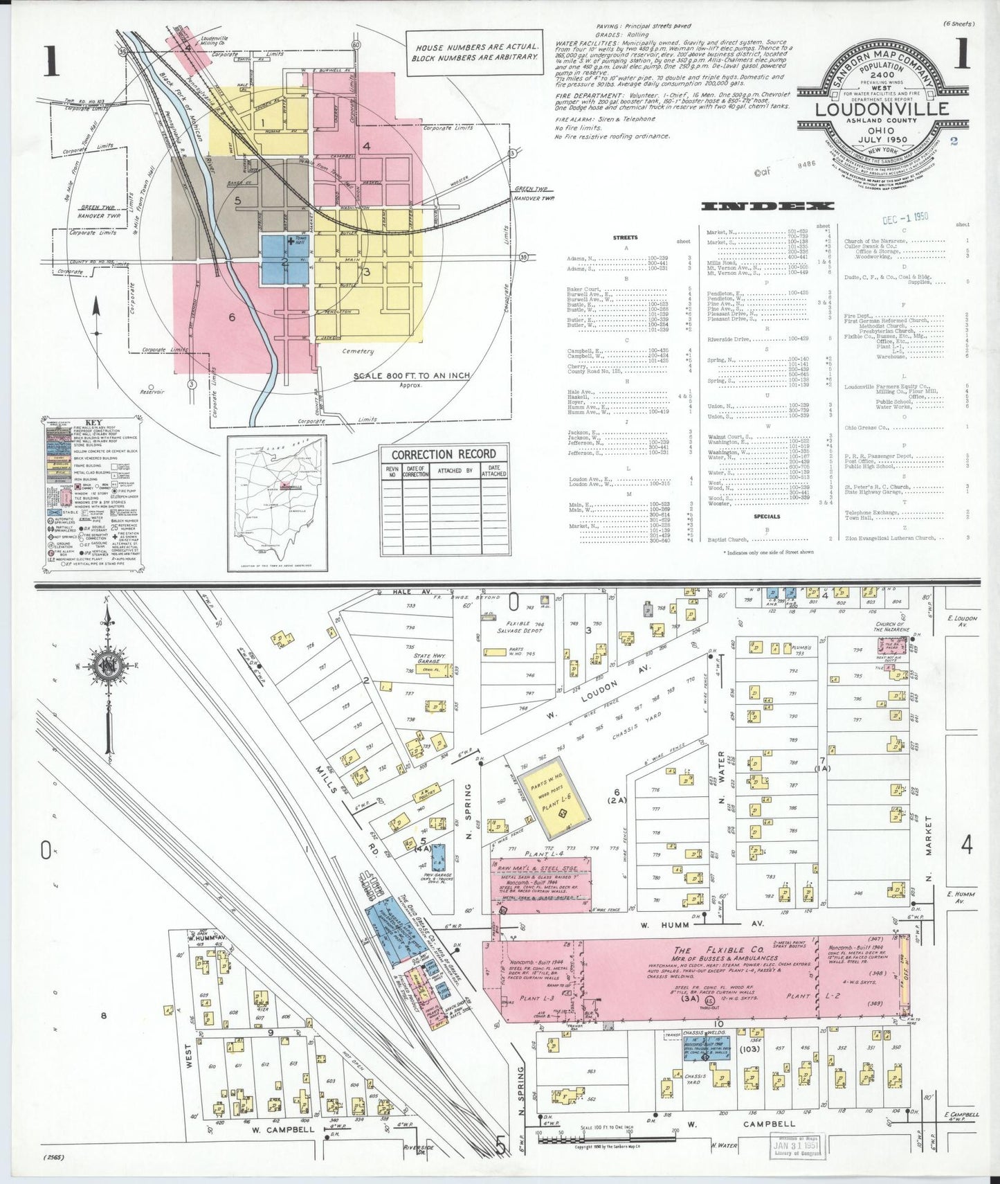 Sanborn Fire Insurance Map from Loudonville, Ashland County, Ohio (1950), Sheet #0001 - Historic Sanborn Fire Insurance Map Print, vintage old map wall art, antique decor, genealogy gift, Ohio Ohio map