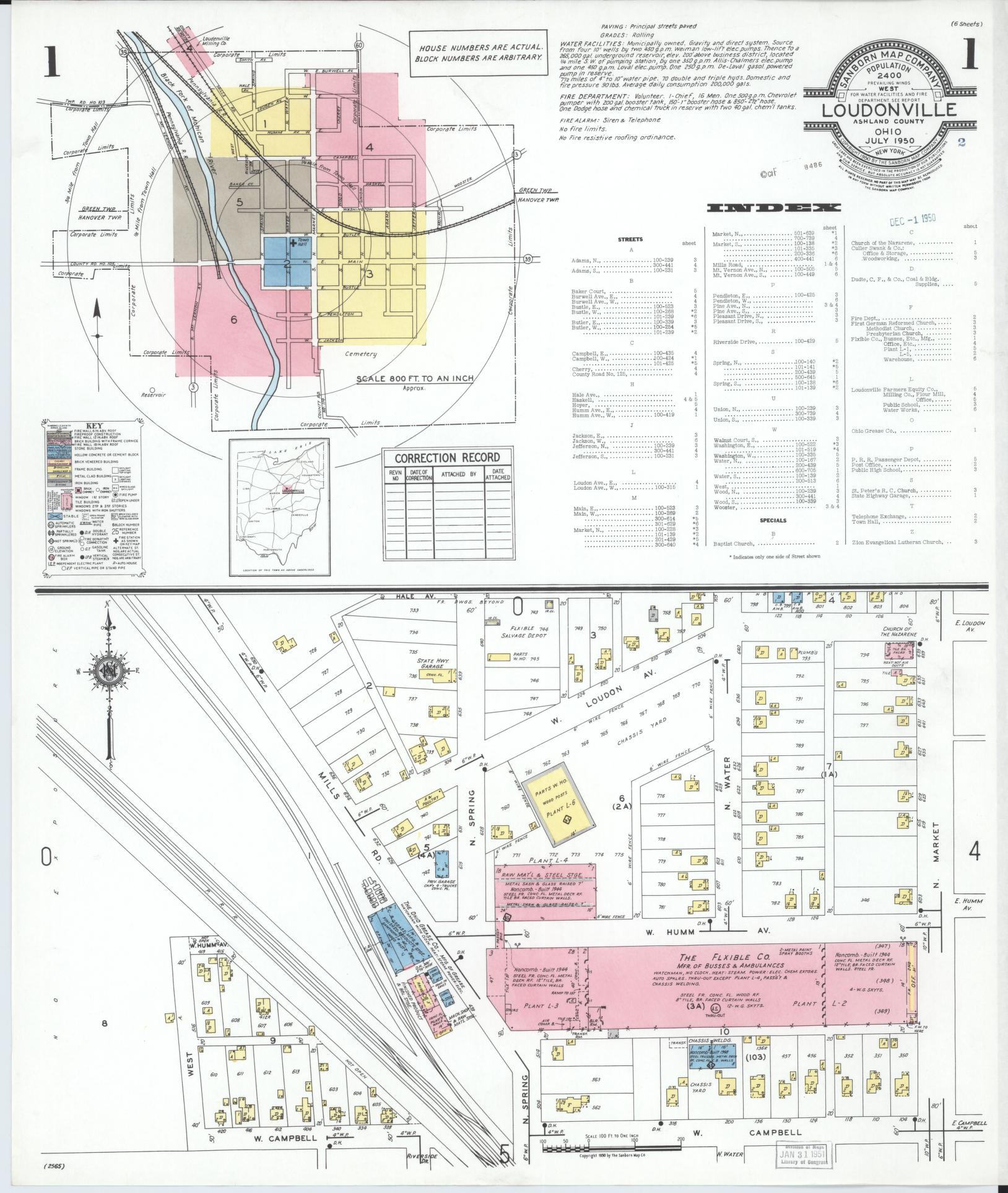Sanborn Fire Insurance Map from Loudonville, Ashland County, Ohio (1950), Sheet #0001 - Historic Sanborn Fire Insurance Map Print, vintage old map wall art, antique decor, genealogy gift, Ohio Ohio map