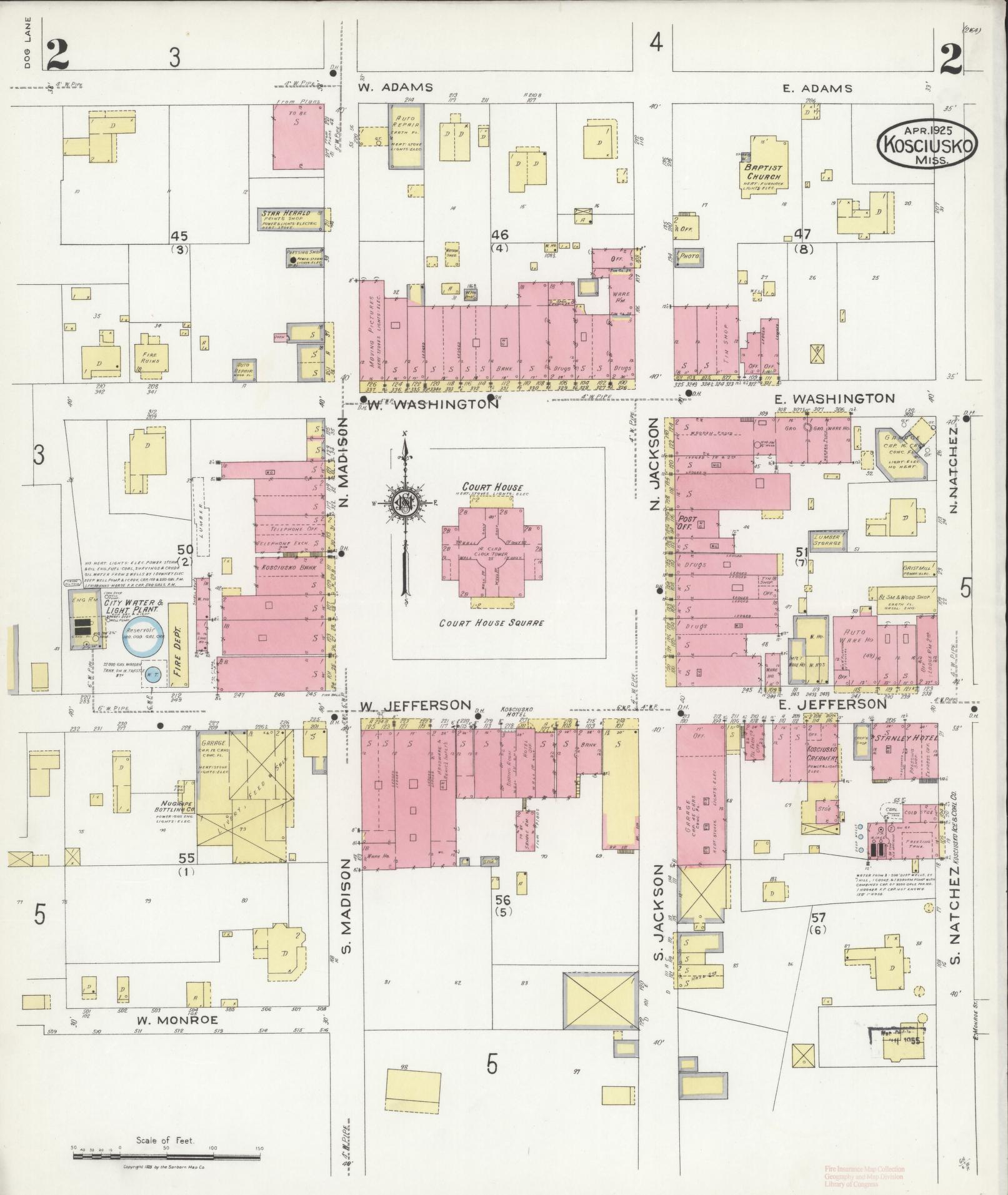 Sanborn Fire Insurance Map from Kosciusko, Attala County, Mississippi (1925), Sheet #0002 - Historic Sanborn Fire Insurance Map Print, vintage old map wall art, antique decor, genealogy gift, Mississippi Mississippi map