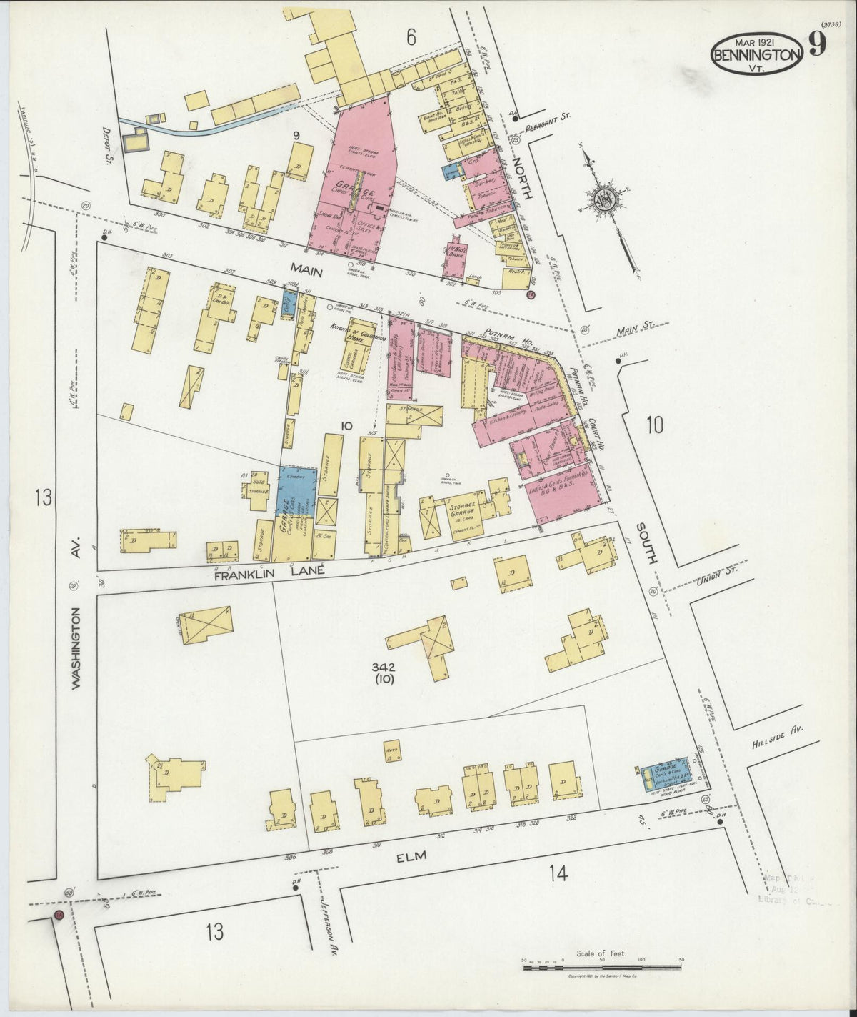 Sanborn Fire Insurance Map from Bennington, Bennington County, Vermont (1921), Sheet #0009 - Complete Map Set gallery image, historic Sanborn map, vintage wall art, Vermont Vermont