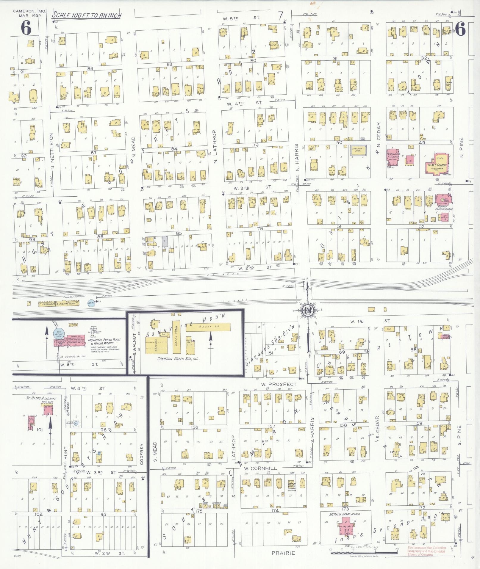 Sanborn Fire Insurance Map from Cameron, Clinton County, Missouri (1932), Sheet #0006 - Historic Sanborn Fire Insurance Map Print, vintage old map wall art, antique decor, genealogy gift, Missouri Missouri map