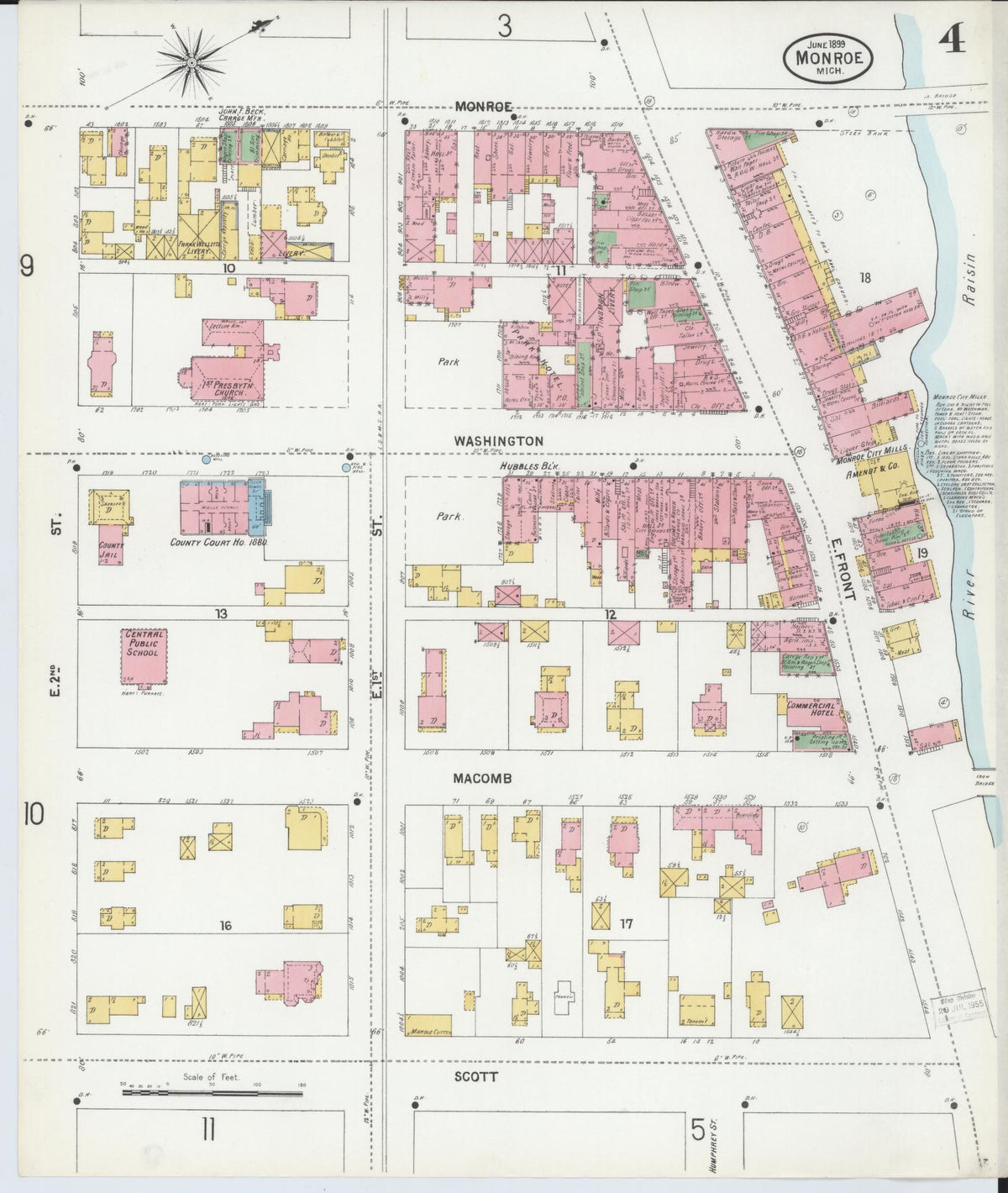 Sanborn Fire Insurance Map from Monroe, Monroe County, Michigan (1899), Sheet #0004 - Historic Sanborn Fire Insurance Map Print, vintage old map wall art, antique decor, genealogy gift, Michigan Michigan map