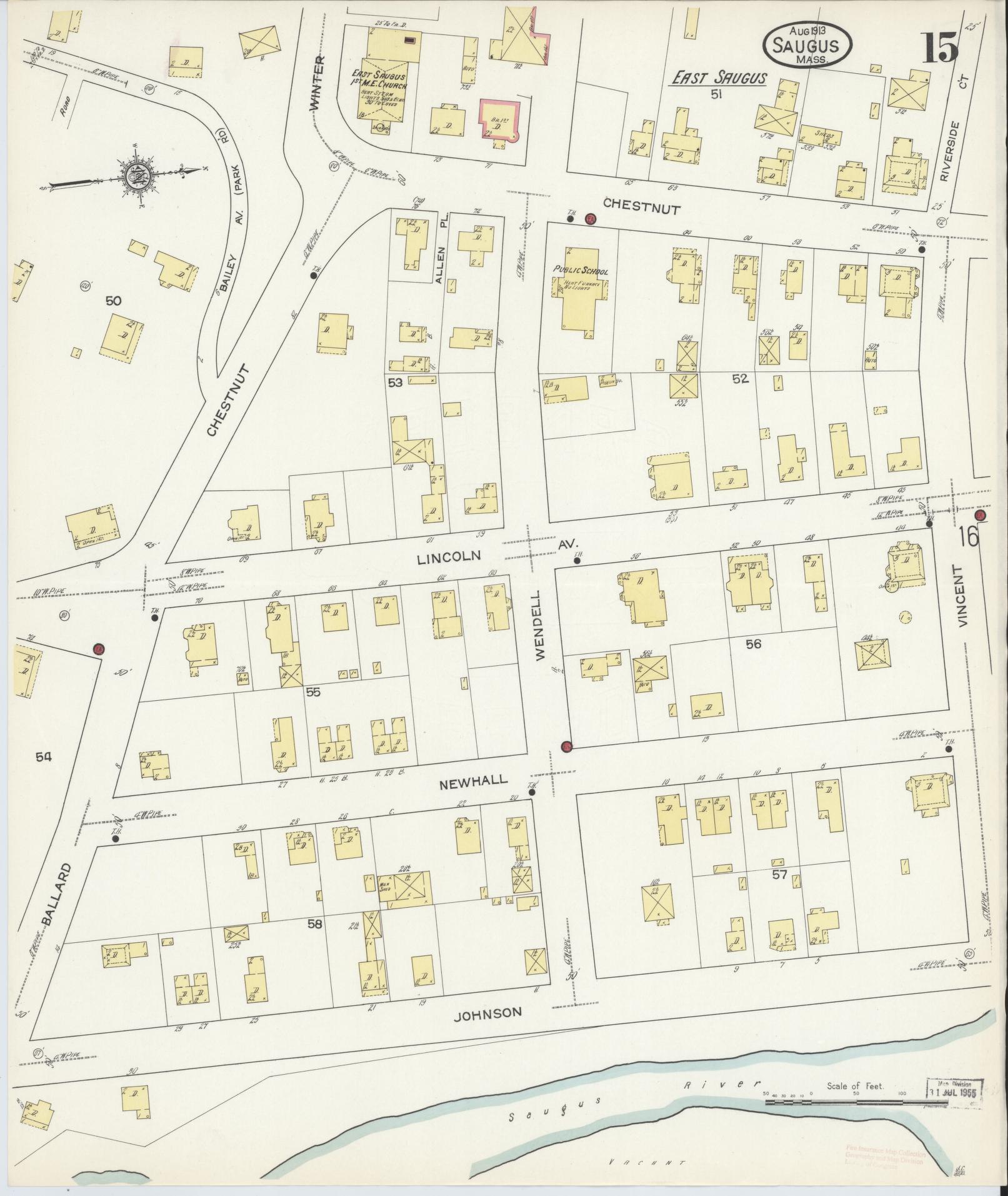 Sanborn Fire Insurance Map from Saugus, Essex County, Massachusetts (1913), Sheet #0015 - Historic Sanborn Fire Insurance Map Print, vintage old map wall art, antique decor, genealogy gift, Massachusetts Massachusetts map