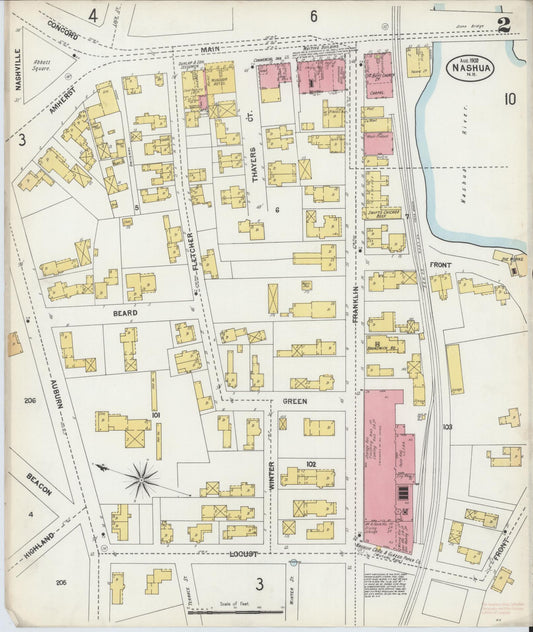 Sanborn Fire Insurance Map from Nashua, Hillsborough County, New Hampshire (1902), Sheet #0002 - Historic Sanborn Fire Insurance Map Print, vintage old map wall art, antique decor, genealogy gift, New Hampshire New Hampshire map