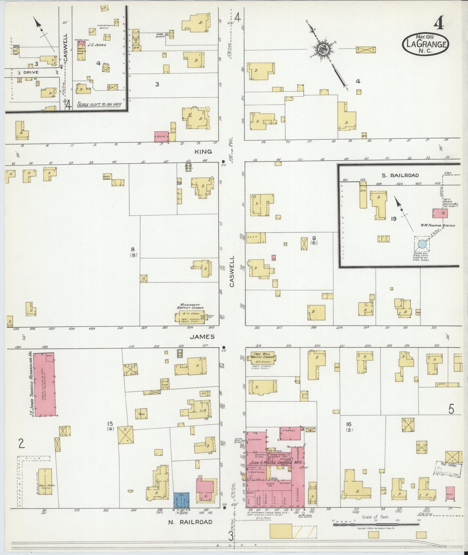 Sanborn Fire Insurance Map from La Grange, Lenoir County, North Carolina (1919), Sheet #0004 - Historic Sanborn Fire Insurance Map Print, vintage old map wall art, antique decor, genealogy gift, North Carolina North Carolina map