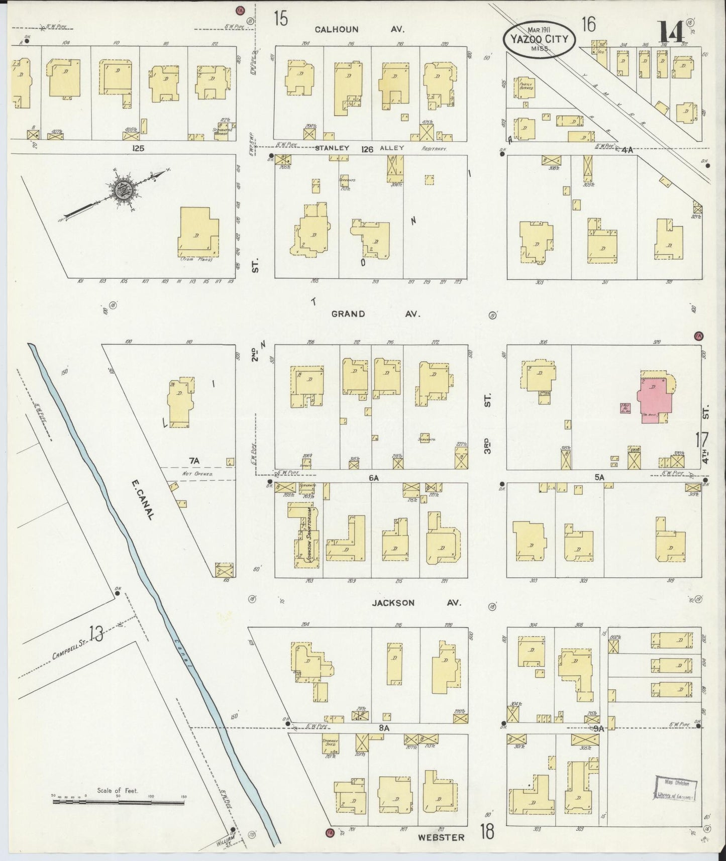 Sanborn Fire Insurance Map from Yazoo City, Yazoo County, Mississippi (1911), Sheet #0014 - Complete Map Set gallery image, historic Sanborn map, vintage wall art, Mississippi Mississippi