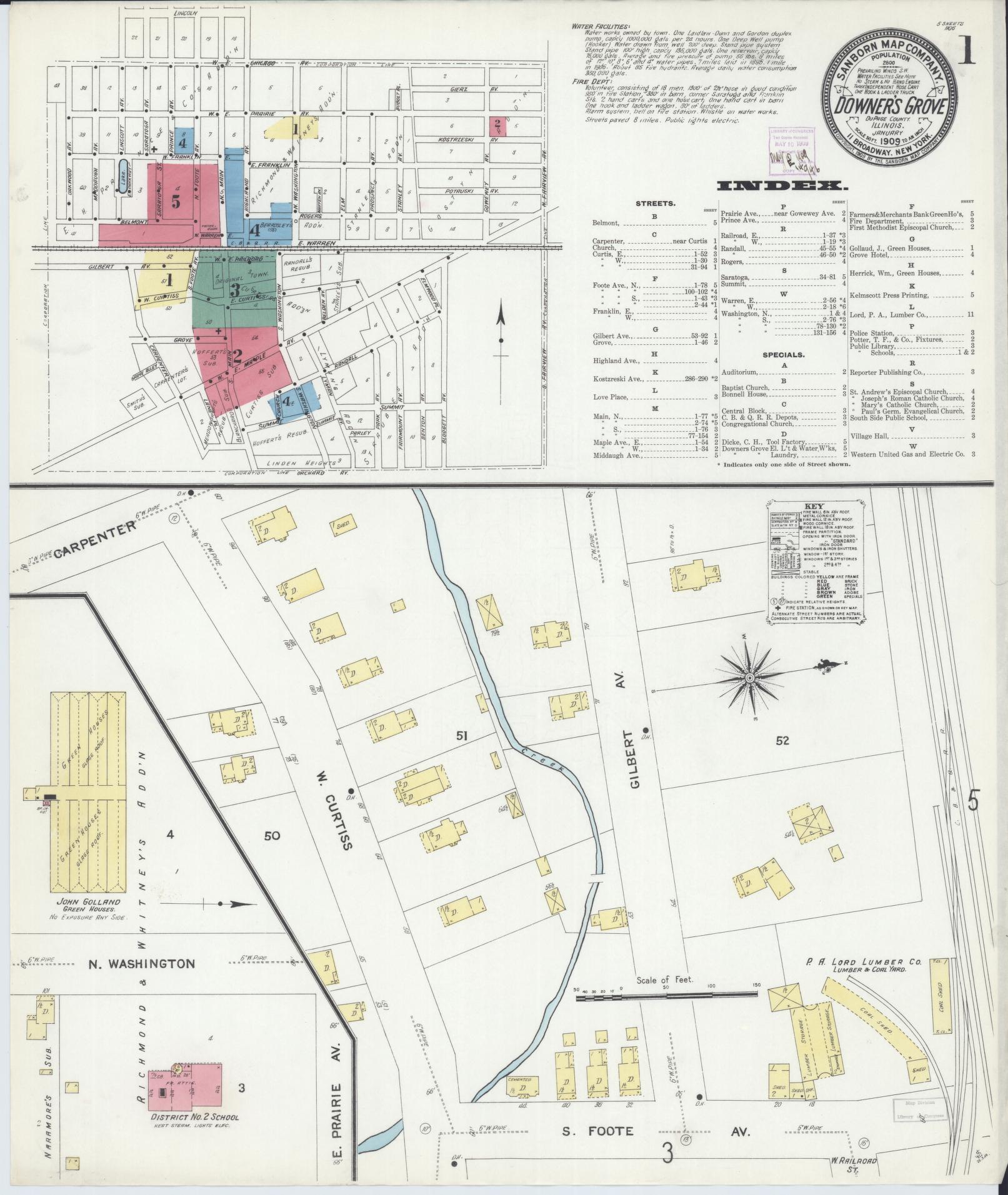 Sanborn Fire Insurance Map from Downers Grove, Dupage County, Illinois (1909), Sheet #0001 - Complete Map Set gallery image, historic Sanborn map, vintage wall art, Illinois Illinois