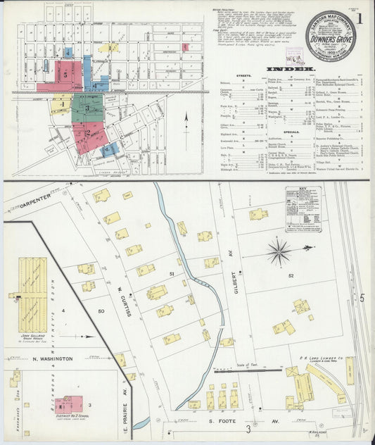 Sanborn Fire Insurance Map from Downers Grove, Dupage County, Illinois (1909), Sheet #0001 - Complete Map Set gallery image, historic Sanborn map, vintage wall art, Illinois Illinois