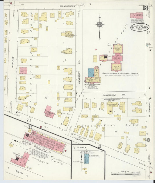 Sanborn Fire Insurance Map from Battle Creek, Calhoun County, Michigan (1913), Sheet #0018 - Historic Sanborn Fire Insurance Map Print, vintage old map wall art, antique decor, genealogy gift, Michigan Michigan map