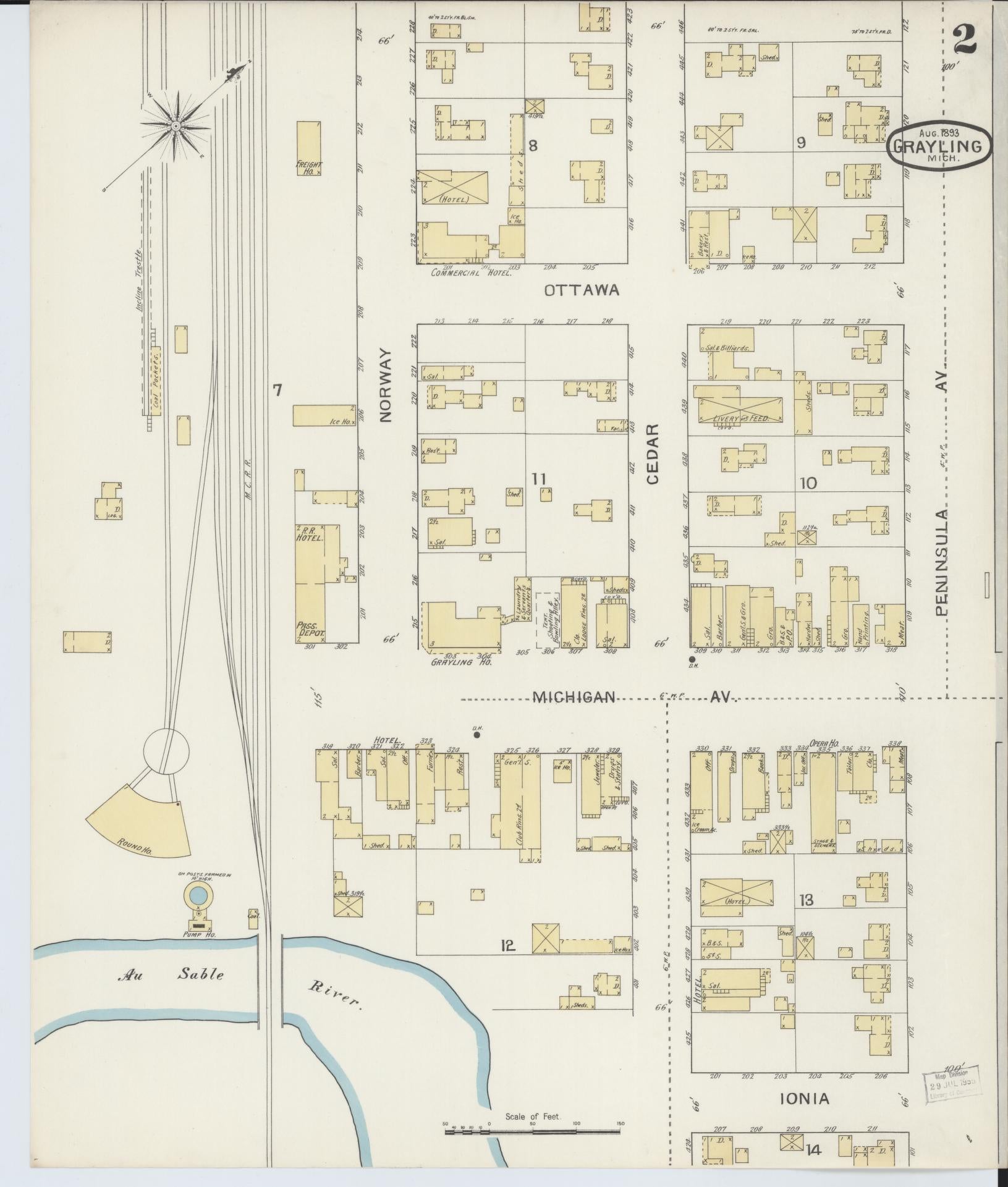 Sanborn Fire Insurance Map from Grayling, Crawford County, Michigan (1893), Sheet #0002 - Complete Map Set gallery image, historic Sanborn map, vintage wall art, Michigan Michigan