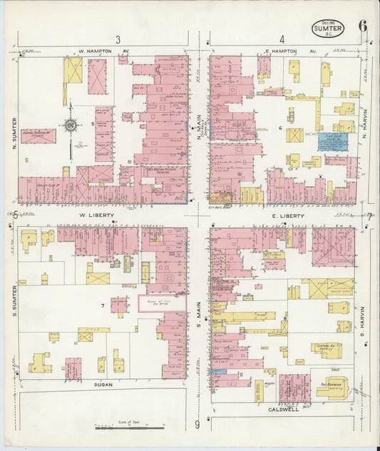 Sanborn Fire Insurance Map from Sumter, Sumter County, South Carolina (1915), Sheet #0006 - Historic Sanborn Fire Insurance Map Print, vintage old map wall art, antique decor, genealogy gift, South Carolina South Carolina map