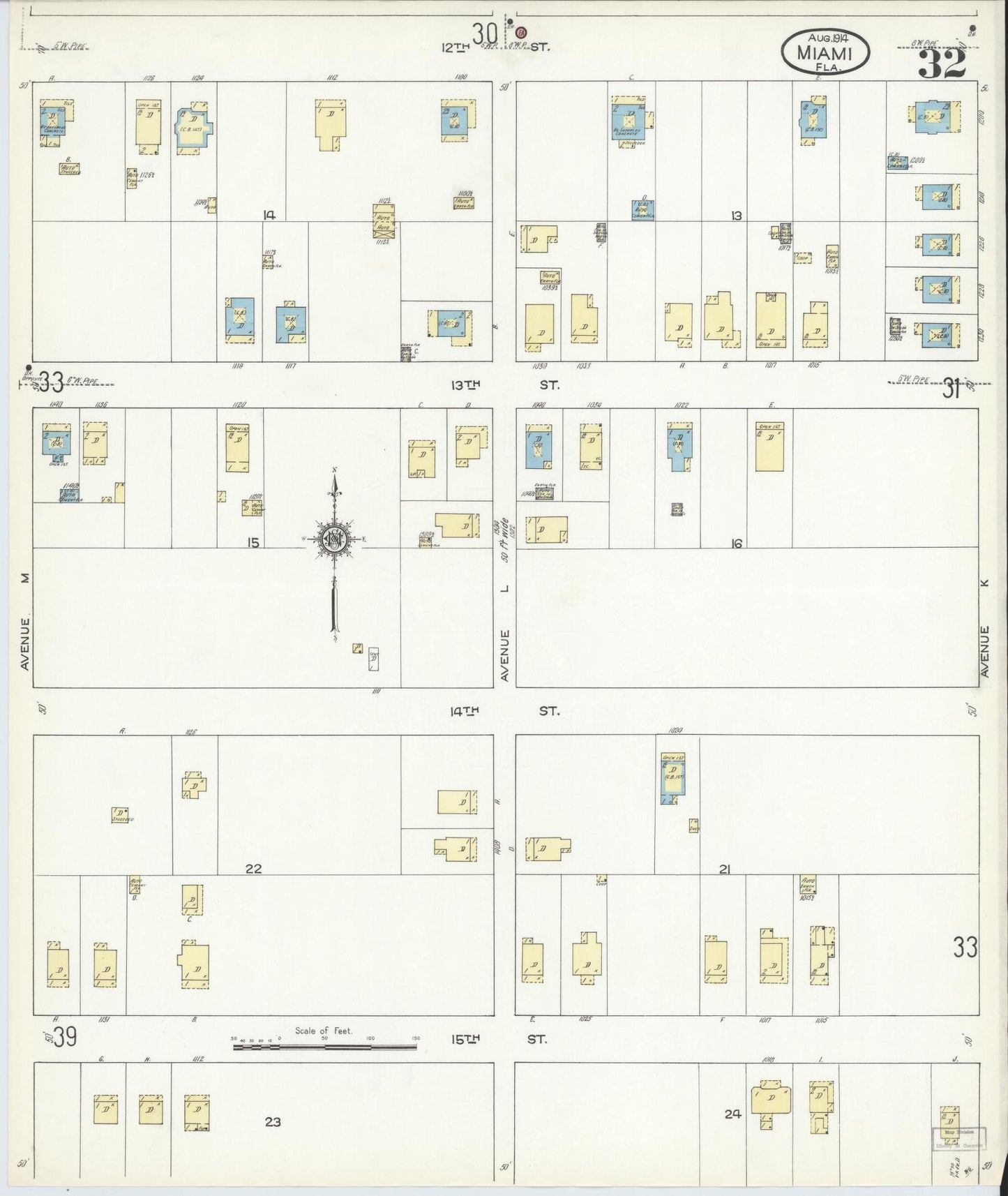 Sanborn Fire Insurance Map from Miami, Dade County, Florida (1914), Sheet #0032 - Complete Map Set gallery image, historic Sanborn map, vintage wall art, Florida Florida