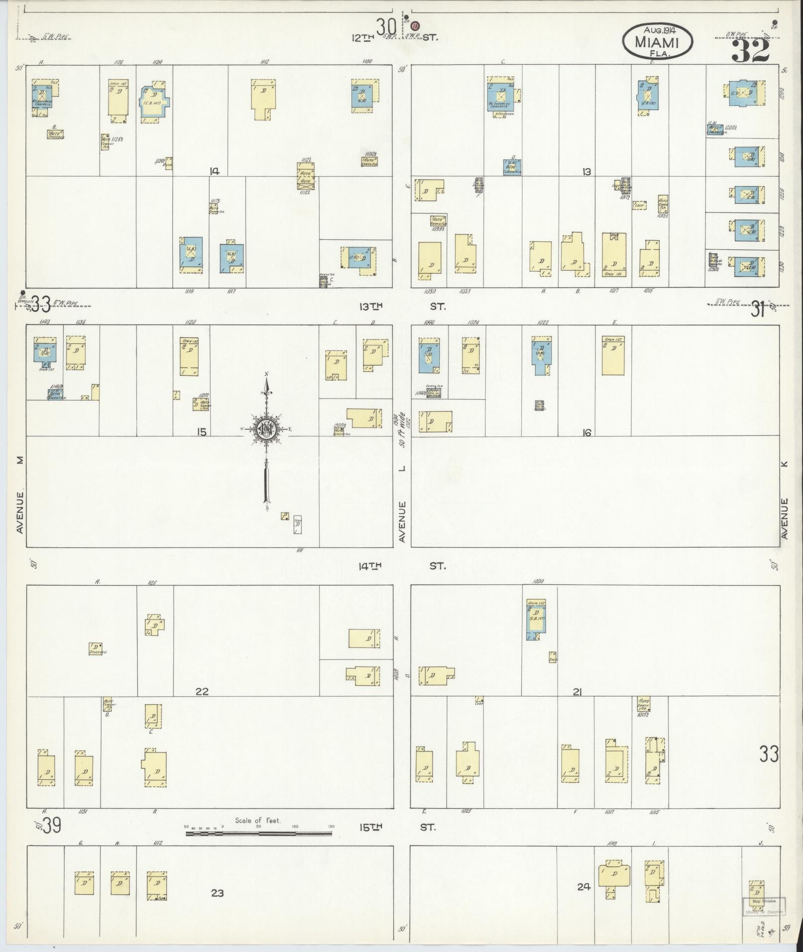 Sanborn Fire Insurance Map from Miami, Dade County, Florida (1914), Sheet #0032 - Complete Map Set gallery image, historic Sanborn map, vintage wall art, Florida Florida