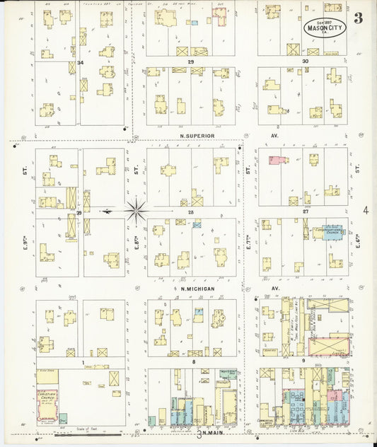 Sanborn Fire Insurance Map from Mason City, Cerro Gordo County, Iowa (1897), Sheet #0003 - Historic Sanborn Fire Insurance Map Print, vintage old map wall art