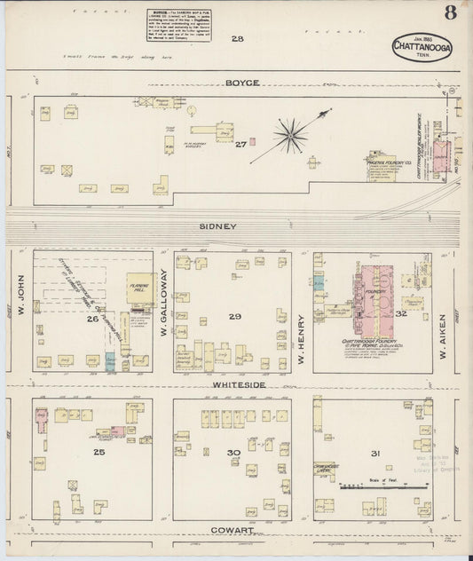 Sanborn Fire Insurance Map from Chattanooga, Hamilton County, Tennessee (1885), Sheet #0008 - Historic Sanborn Fire Insurance Map Print, vintage old map wall art, antique decor, genealogy gift, Tennessee Tennessee map