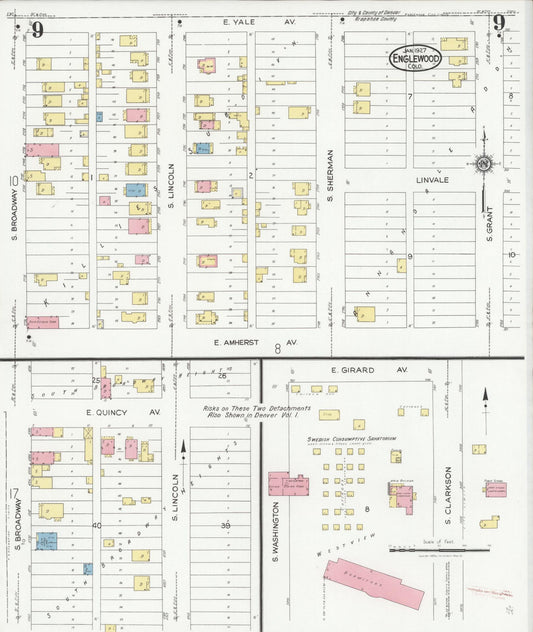Sanborn Fire Insurance Map from Englewood, Arapahoe County, Colorado (1927), Sheet #0009 - Historic Sanborn Fire Insurance Map Print, vintage old map wall art, antique decor, genealogy gift, Colorado Colorado map