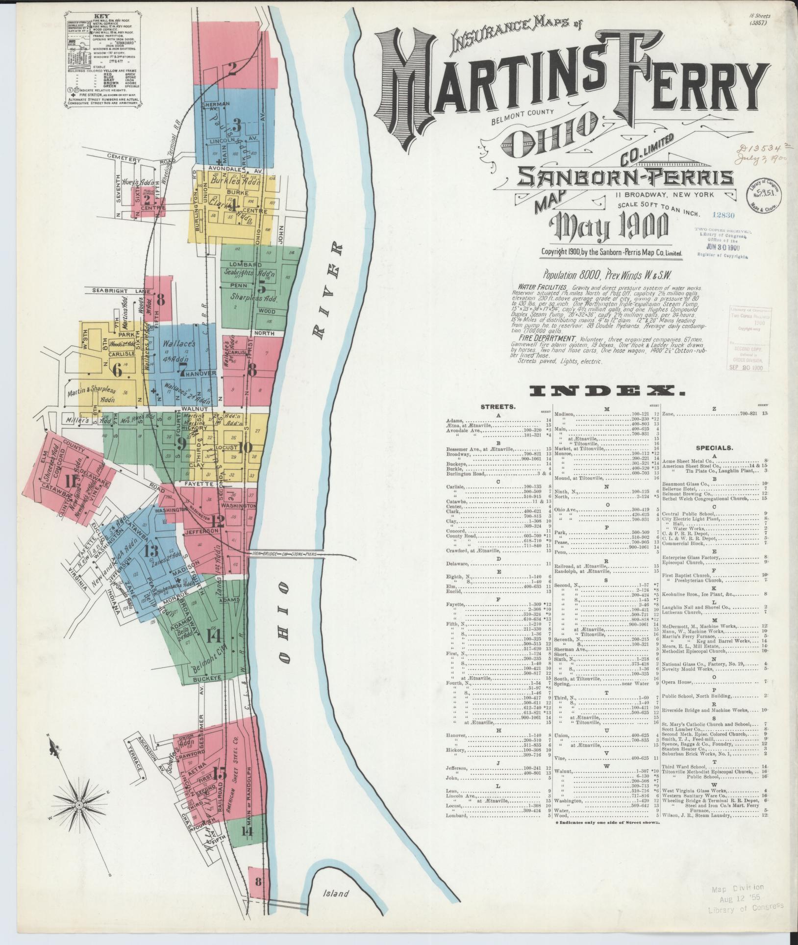 Sanborn Fire Insurance Map from Martins Ferry, Belmont County, Ohio (1900), Sheet #0001 - Historic Sanborn Fire Insurance Map Print, vintage old map wall art, antique decor, genealogy gift, Ohio Ohio map