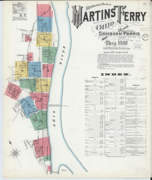 Sanborn Fire Insurance Map from Martins Ferry, Belmont County, Ohio (1900), Sheet #0001 - Historic Sanborn Fire Insurance Map Print, vintage old map wall art, antique decor, genealogy gift, Ohio Ohio map