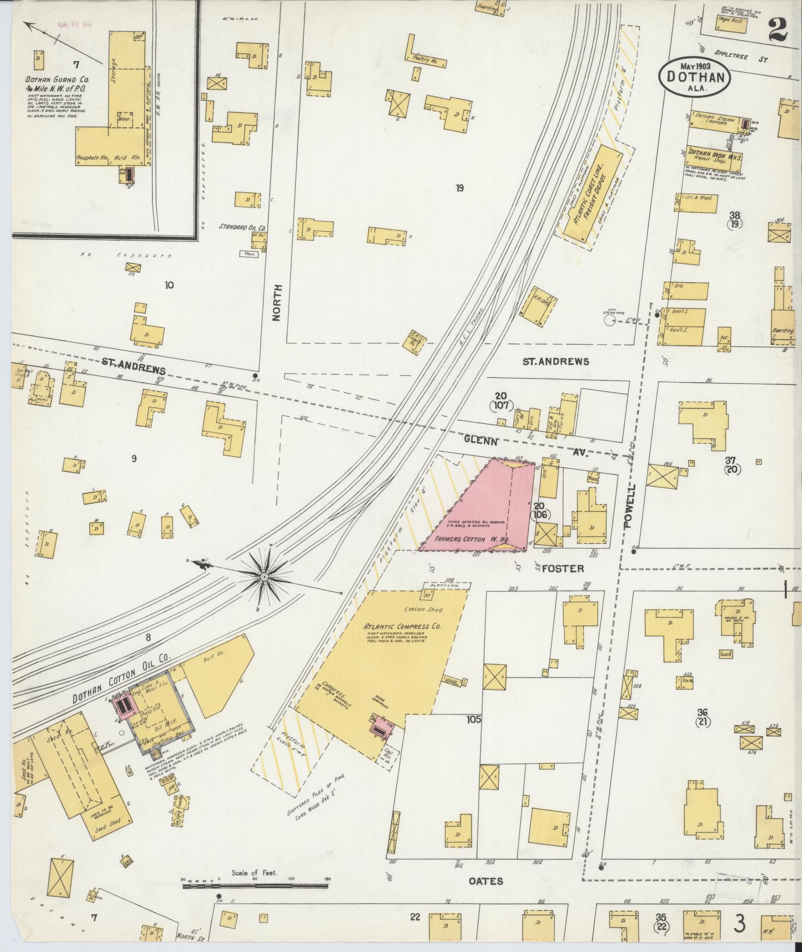 Sanborn Fire Insurance Map from Dothan, Houston County, Alabama (1903), Sheet #0002 - Complete Map Set gallery image, historic Sanborn map, vintage wall art, Alabama Alabama
