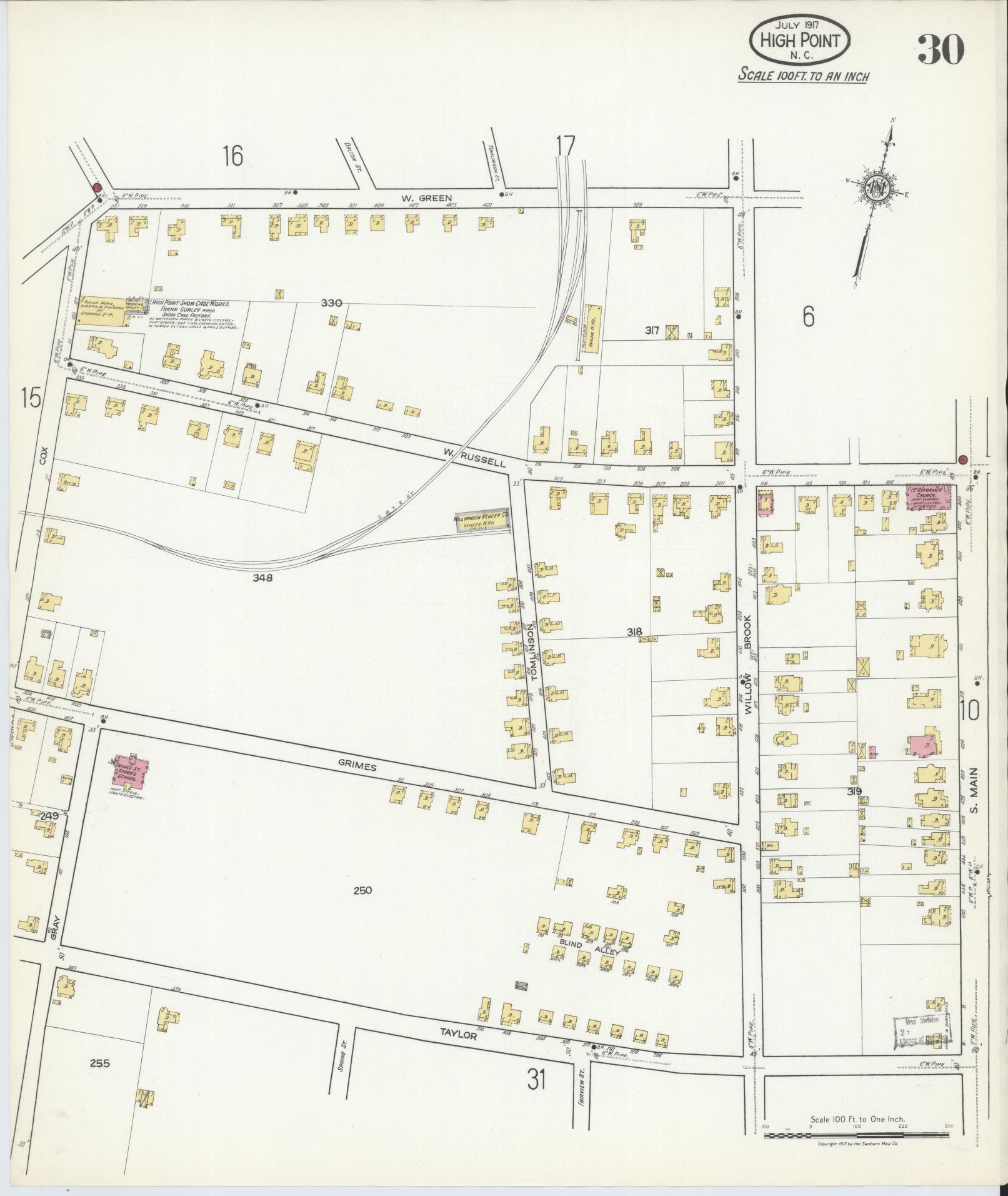 Sanborn Fire Insurance Map from High Point, Guilford County, North Carolina (1917), Sheet #0030 - Historic Sanborn Fire Insurance Map Print, vintage old map wall art, antique decor, genealogy gift, North Carolina North Carolina map