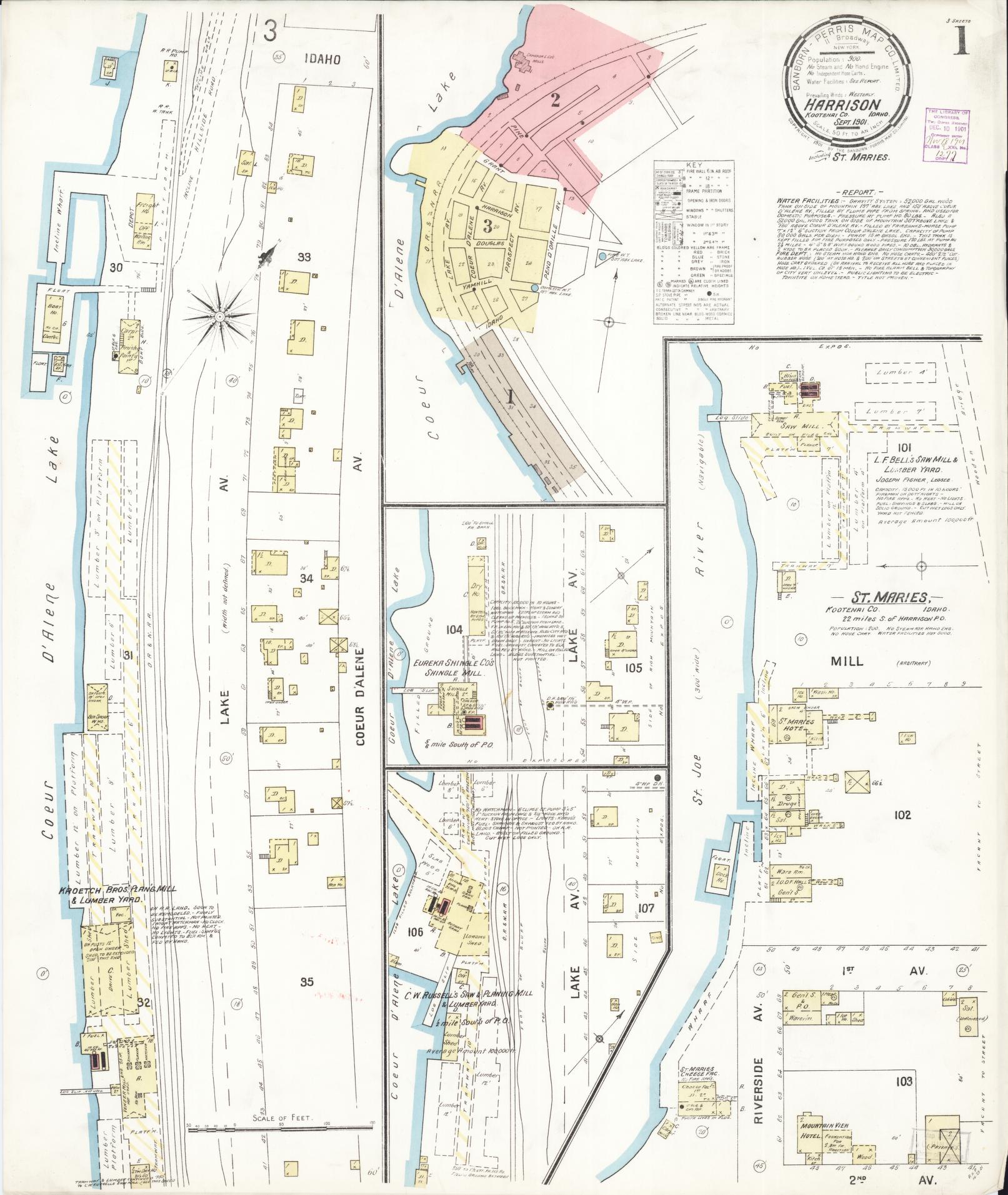 Sanborn Fire Insurance Map from Harrison, Kootenai County, Idaho (1901), Sheet #0001 - Historic Sanborn Fire Insurance Map Print, vintage old map wall art, antique decor, genealogy gift, Idaho Idaho map