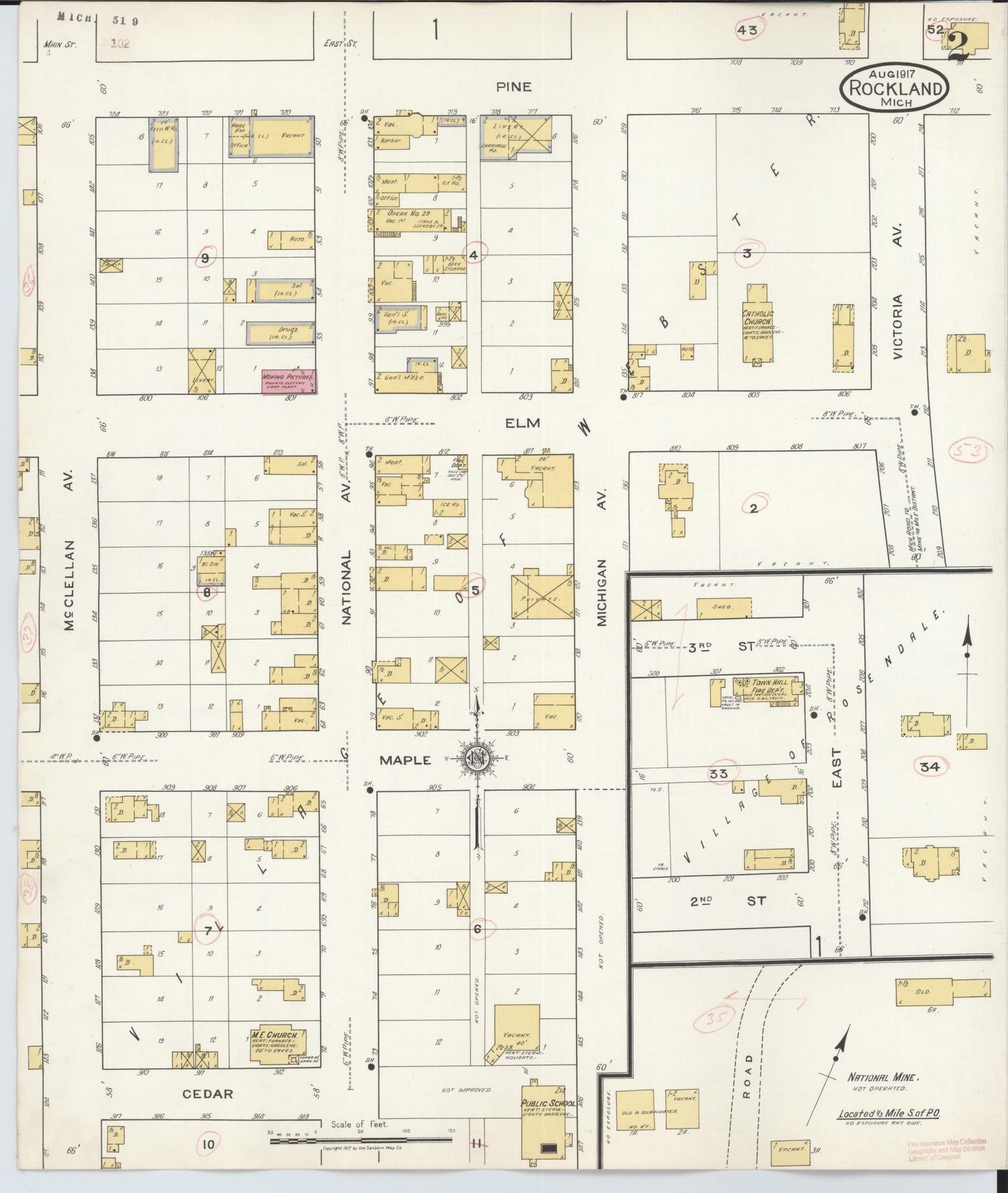 Sanborn Fire Insurance Map from Rockland, Ontonagon County, Michigan (1917), Sheet #0002 - Complete Map Set gallery image, historic Sanborn map, vintage wall art, Michigan Michigan