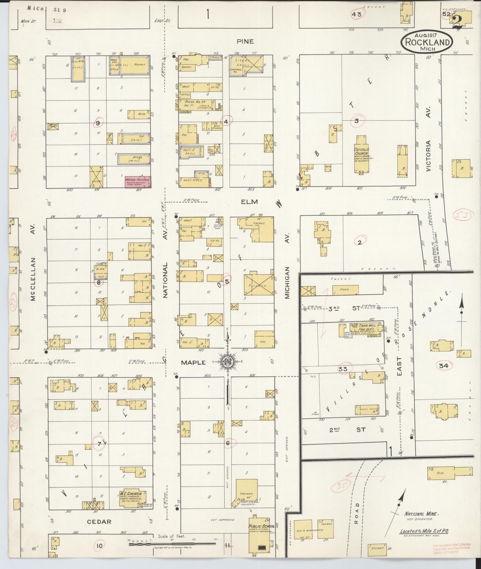 Sanborn Fire Insurance Map from Rockland, Ontonagon County, Michigan (1917), Sheet #0002 - Complete Map Set gallery image, historic Sanborn map, vintage wall art, Michigan Michigan