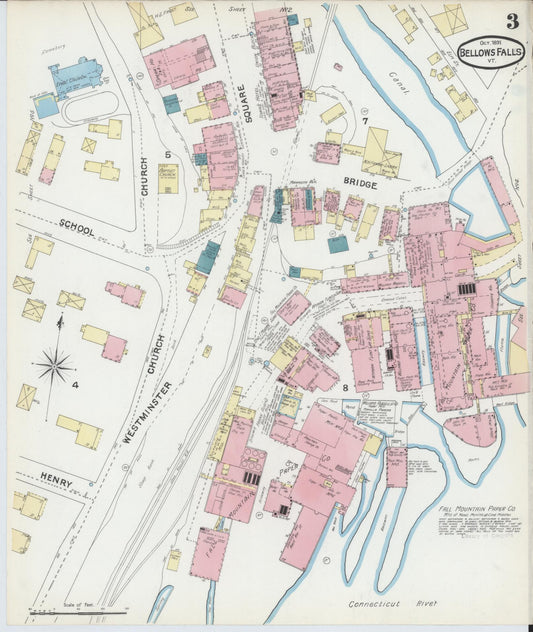Sanborn Fire Insurance Map from Bellows Falls, Windham County, Vermont (1891), Sheet #0003 - Historic Sanborn Fire Insurance Map Print, vintage old map wall art, antique decor, genealogy gift, Vermont Vermont map