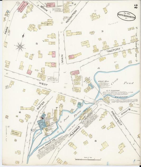 Sanborn Fire Insurance Map from North Bennington, Bennington County, Vermont (1885), Sheet #0002 - Historic Sanborn Fire Insurance Map Print, vintage old map wall art, antique decor, genealogy gift, Vermont Vermont map