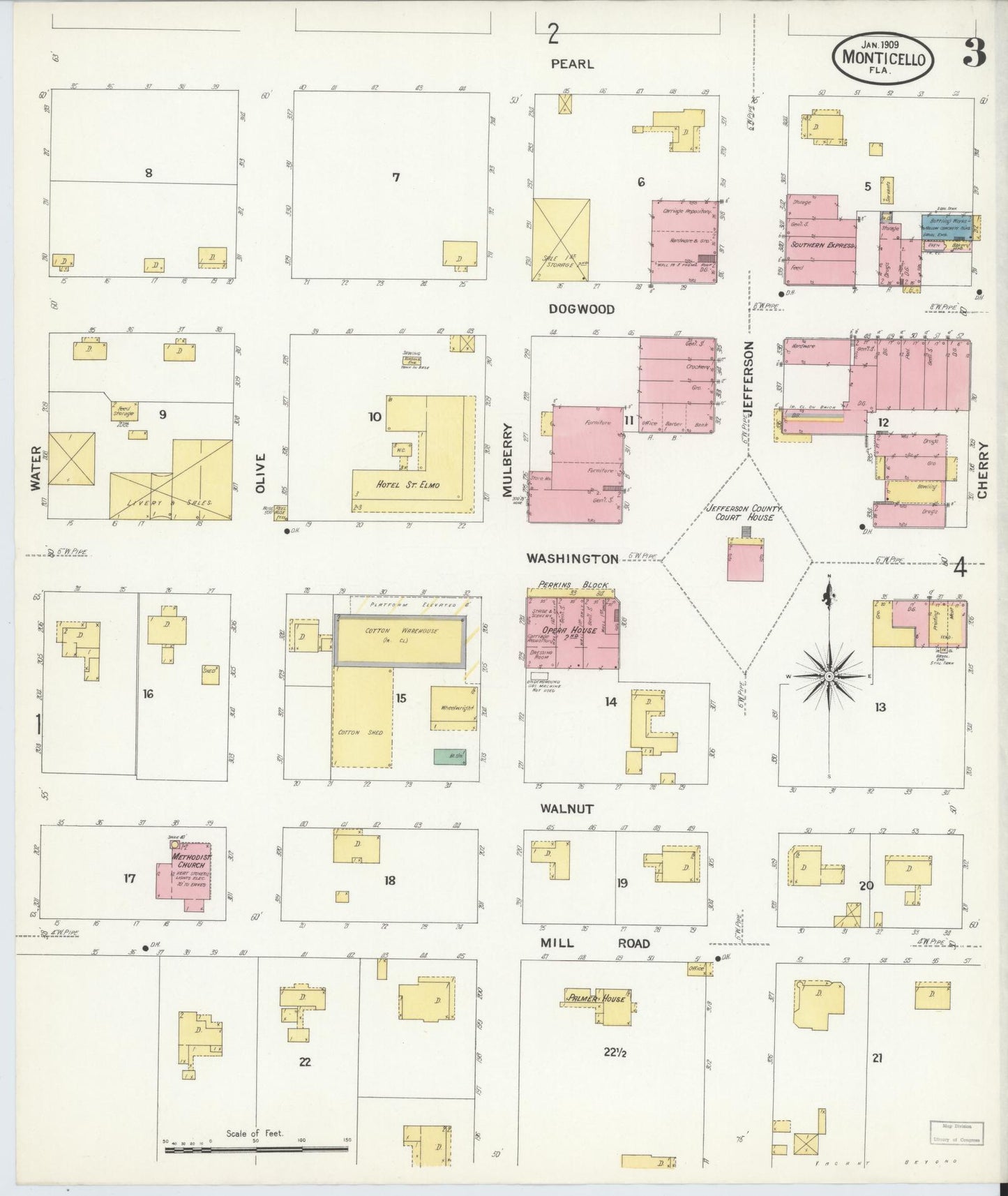 Sanborn Fire Insurance Map from Monticello, Jefferson County, Florida (1909), Sheet #0003 - Historic Sanborn Fire Insurance Map Print, vintage old map wall art, antique decor, genealogy gift, Florida Florida map