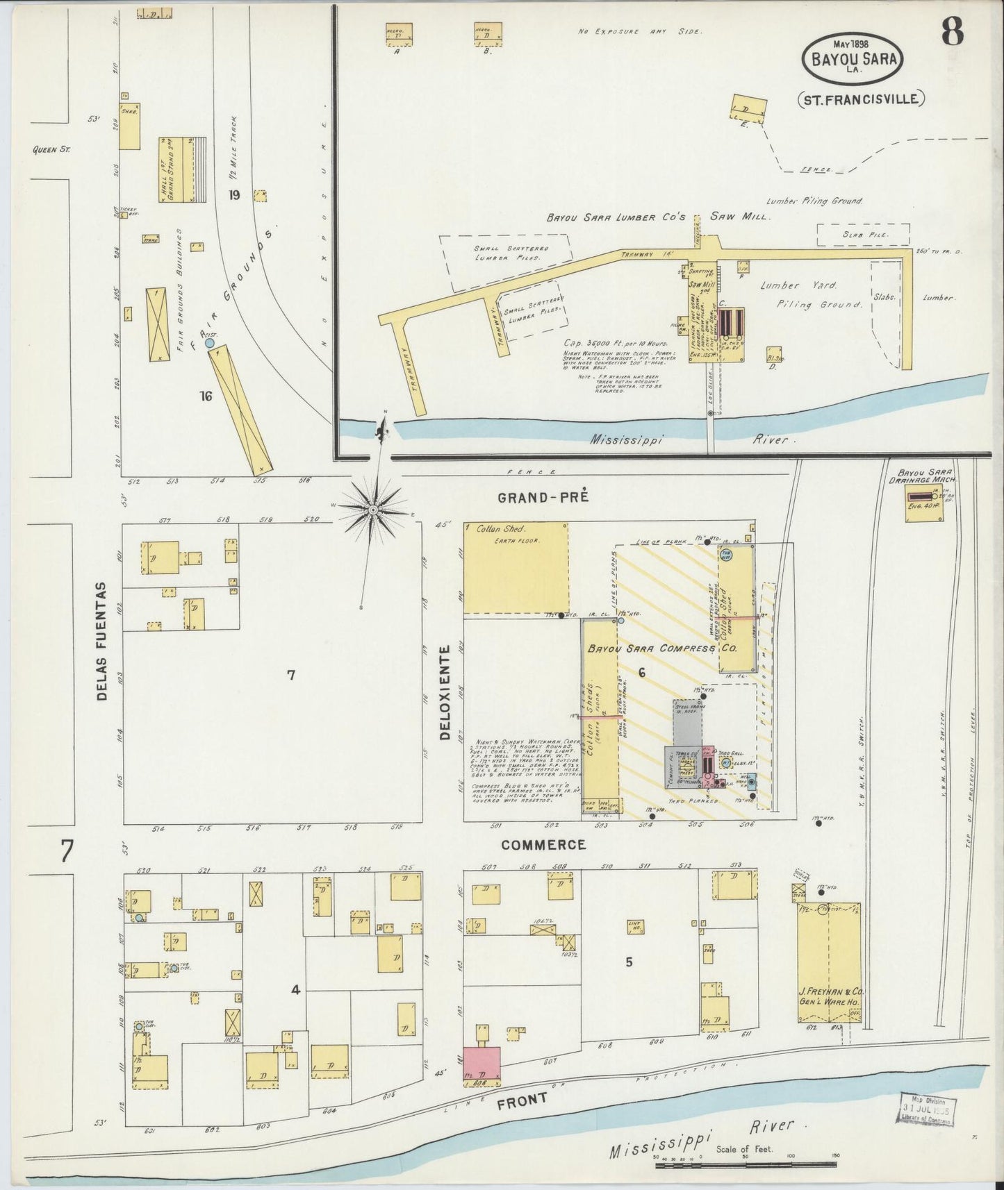 Sanborn Fire Insurance Map from Bayou Sara, West Feliciana Parish, Louisiana (1898), Sheet #0008 - Historic Sanborn Fire Insurance Map Print, vintage old map wall art, antique decor, genealogy gift, Louisiana Louisiana map
