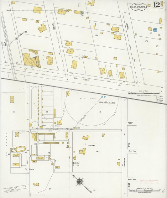Sanborn Fire Insurance Map from Burlingame, San Mateo County, California (1921), Sheet #0012 - Historic Sanborn Fire Insurance Map Print, vintage old map wall art, antique decor, genealogy gift, California California map
