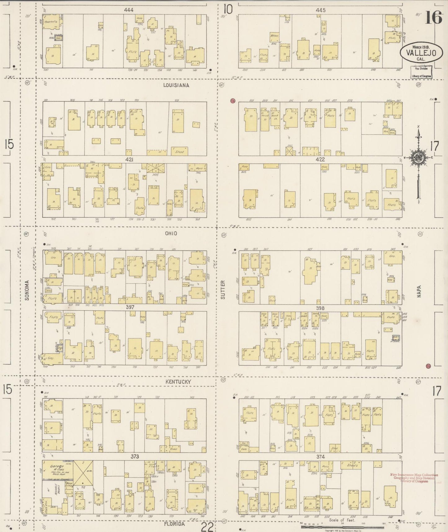 Sanborn Fire Insurance Map from Vallejo, Solano County, California (1919), Sheet #0016 - Complete Map Set gallery image, historic Sanborn map, vintage wall art, California California