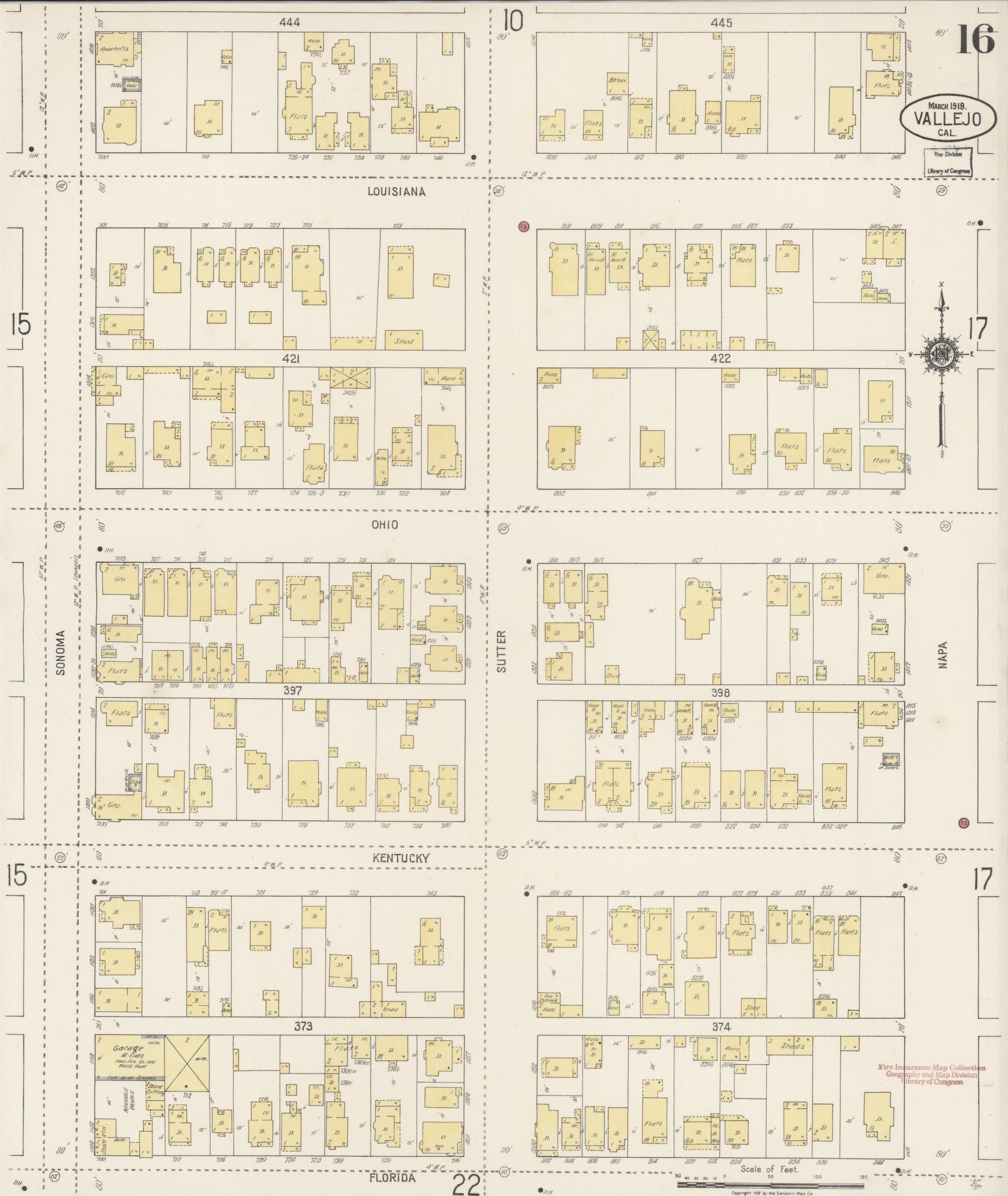 Sanborn Fire Insurance Map from Vallejo, Solano County, California (1919), Sheet #0016 - Complete Map Set gallery image, historic Sanborn map, vintage wall art, California California