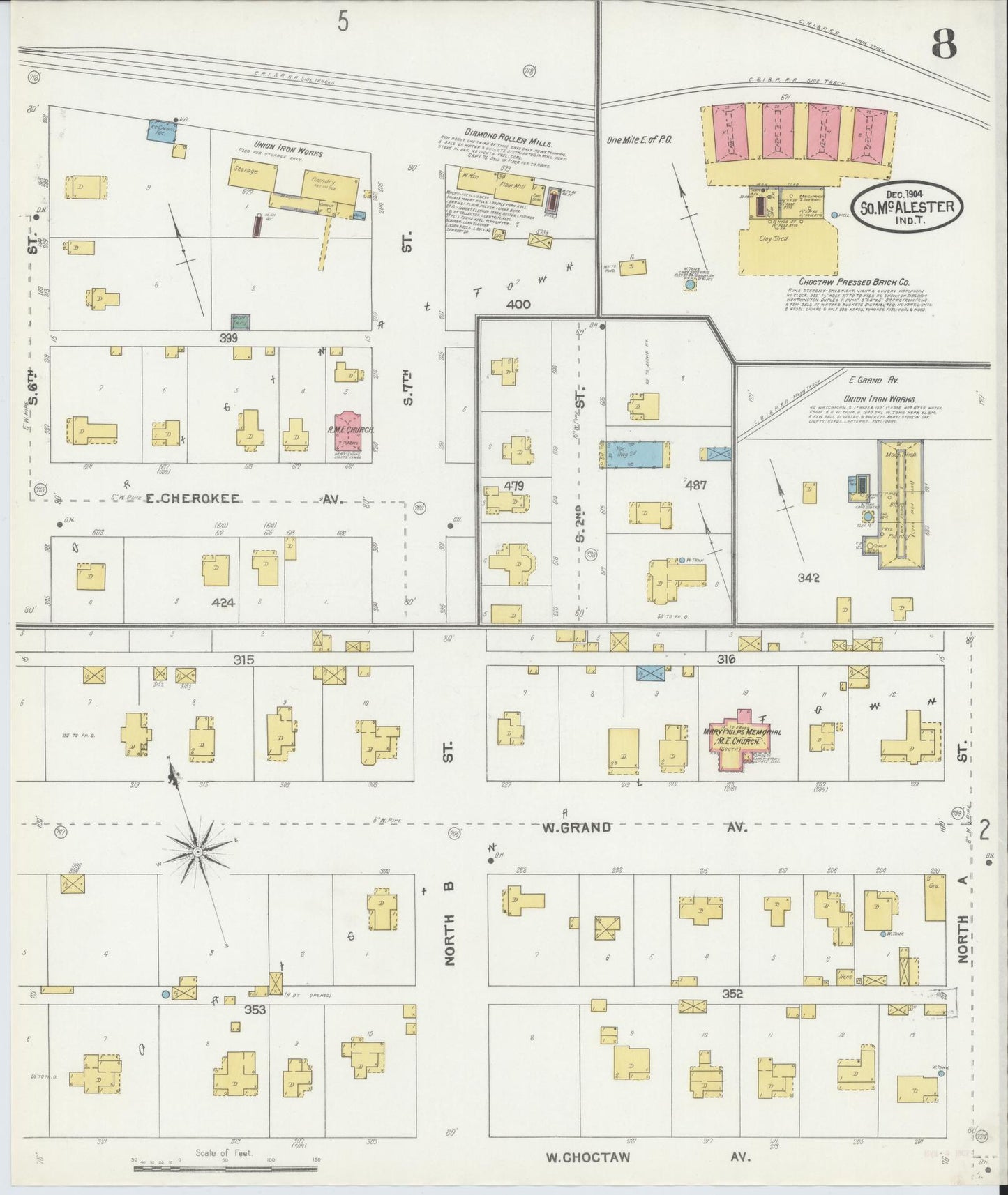 Sanborn Fire Insurance Map from South McAlester, Pittsburg County, Oklahoma (1904), Sheet #0008 - Historic Sanborn Fire Insurance Map Print, vintage old map wall art, antique decor, genealogy gift, Oklahoma Oklahoma map