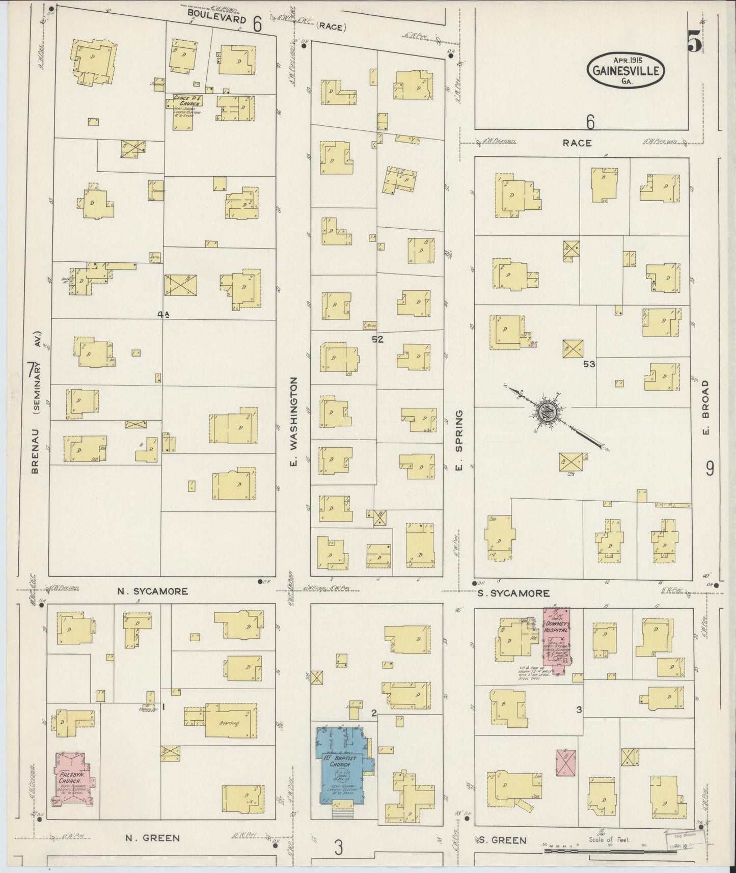 Sanborn Fire Insurance Map from Gainesville, Hall County, Georgia (1915), Sheet #0005 - Complete Map Set gallery image, historic Sanborn map, vintage wall art, Georgia Georgia