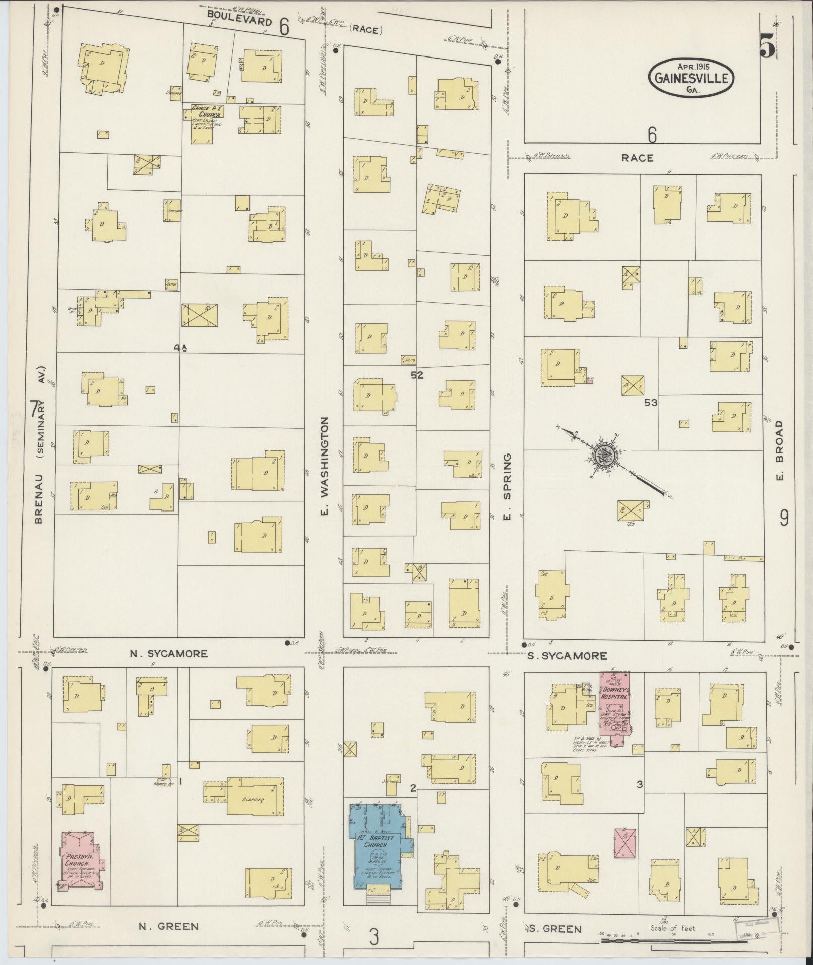 Sanborn Fire Insurance Map from Gainesville, Hall County, Georgia (1915), Sheet #0005 - Complete Map Set gallery image, historic Sanborn map, vintage wall art, Georgia Georgia