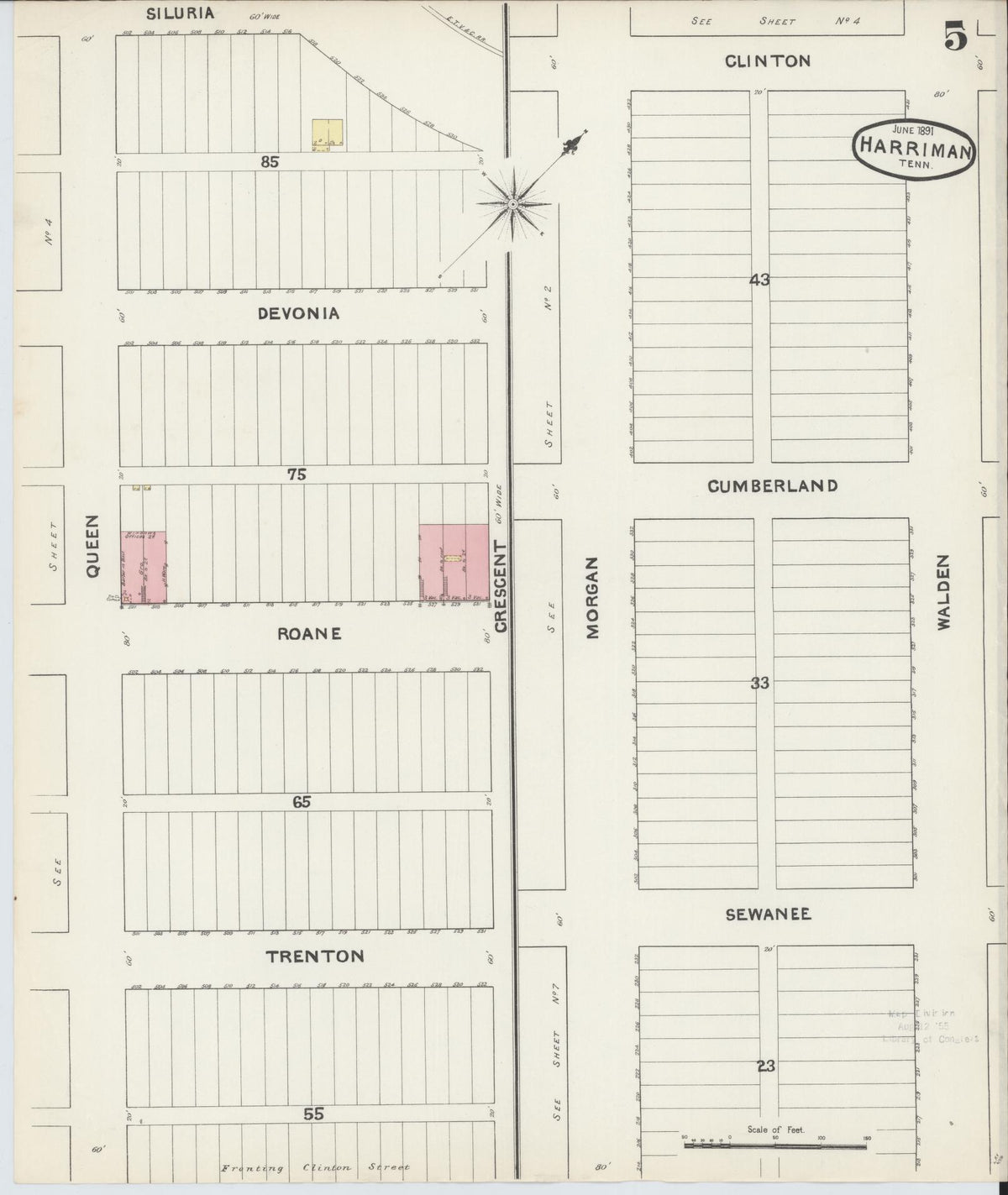 Sanborn Fire Insurance Map from Harriman, Roane County, Tennessee (1891), Sheet #0005 - Complete Map Set gallery image, historic Sanborn map, vintage wall art, Tennessee Tennessee