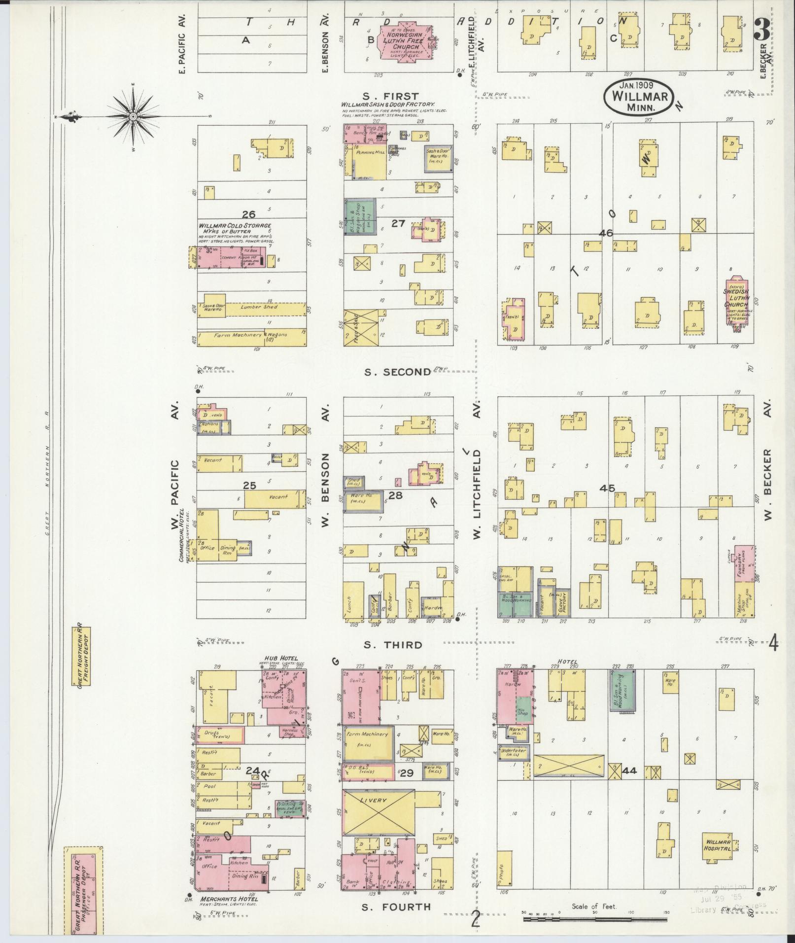 Sanborn Fire Insurance Map from Willmar, Kandiyohi County, Minnesota (1909), Sheet #0003 - Complete Map Set gallery image, historic Sanborn map, vintage wall art, Minnesota Minnesota