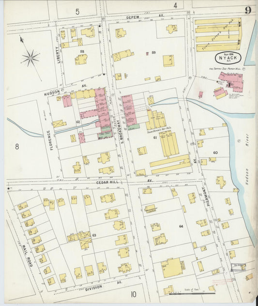 Sanborn Fire Insurance Map from Nyack, Rockland County, New York (1896), Sheet #0009 - Historic Sanborn Fire Insurance Map Print, vintage old map wall art, antique decor, genealogy gift, New York New York map
