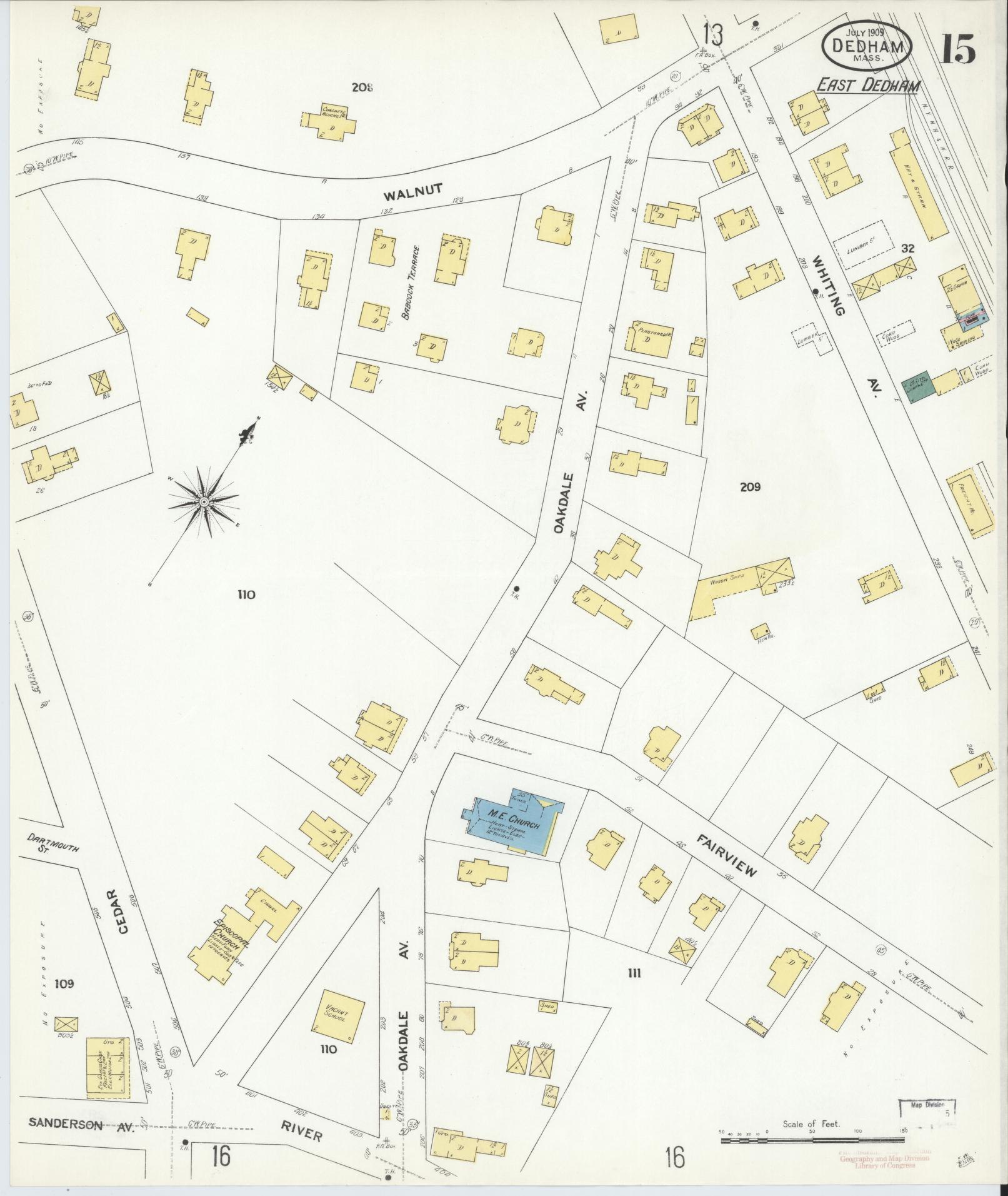 Sanborn Fire Insurance Map from Dedham, Norfolk County, Massachusetts (1909), Sheet #0015 - Historic Sanborn Fire Insurance Map Print, vintage old map wall art, antique decor, genealogy gift, Massachusetts Massachusetts map