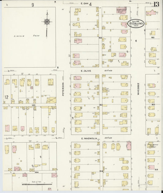 Sanborn Fire Insurance Map from Fort Collins, Larimer County, Colorado (1909), Sheet #0013 - Historic Sanborn Fire Insurance Map Print, vintage old map wall art, antique decor, genealogy gift, Colorado Colorado map