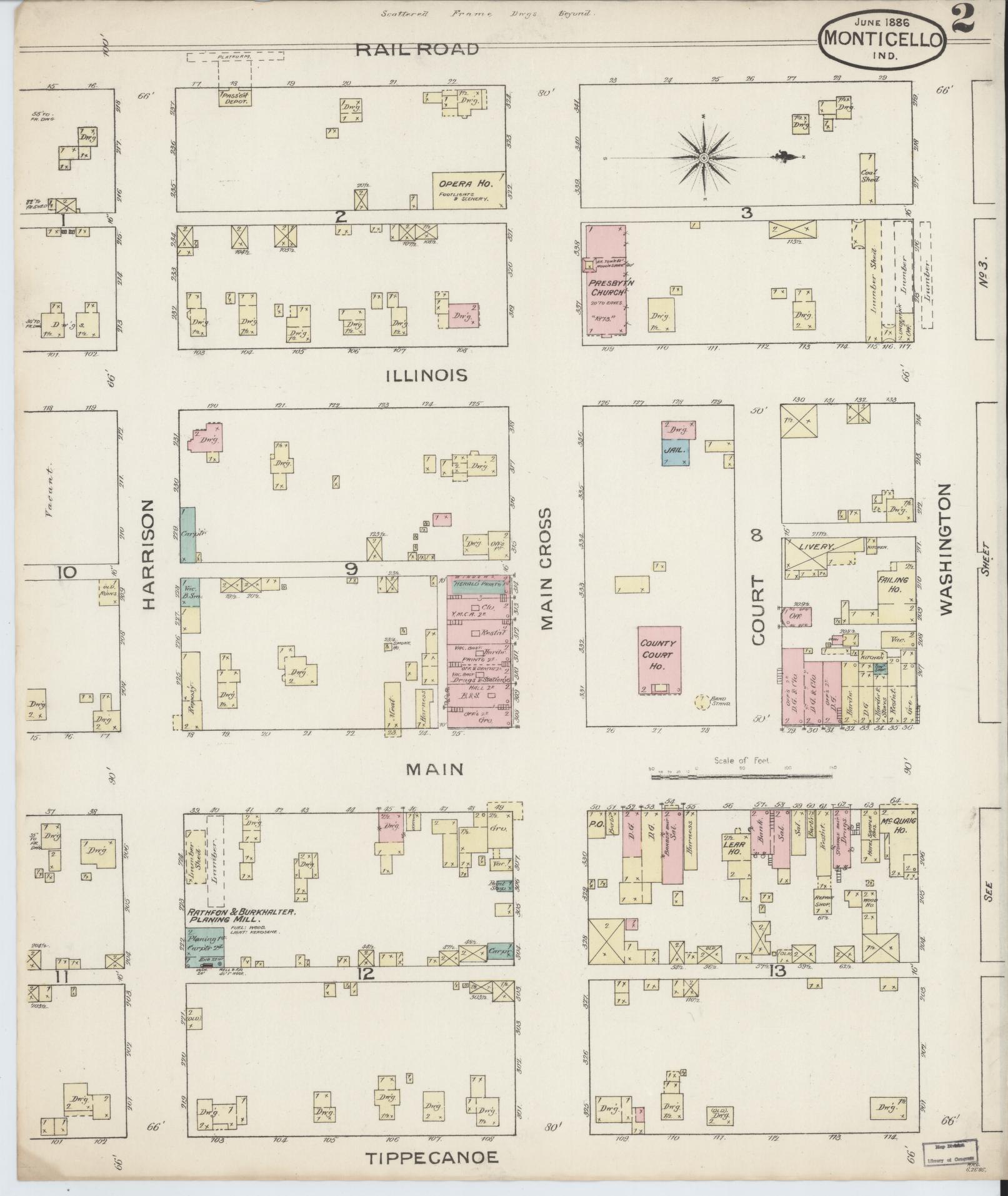 Sanborn Fire Insurance Map from Monticello, White County, Indiana (1886), Sheet #0002 - Complete Map Set gallery image, historic Sanborn map, vintage wall art, Indiana Indiana