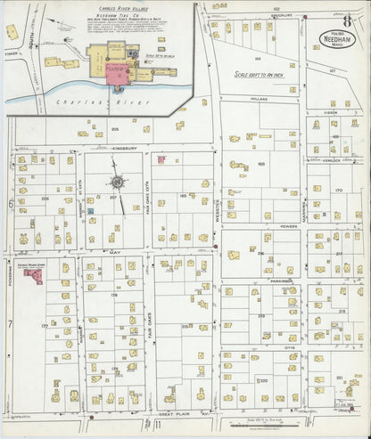 Sanborn Fire Insurance Map from Needham, Norfolk County, Massachusetts (1919), Sheet #0008 - Complete Map Set gallery image, historic Sanborn map, vintage wall art, Massachusetts Massachusetts