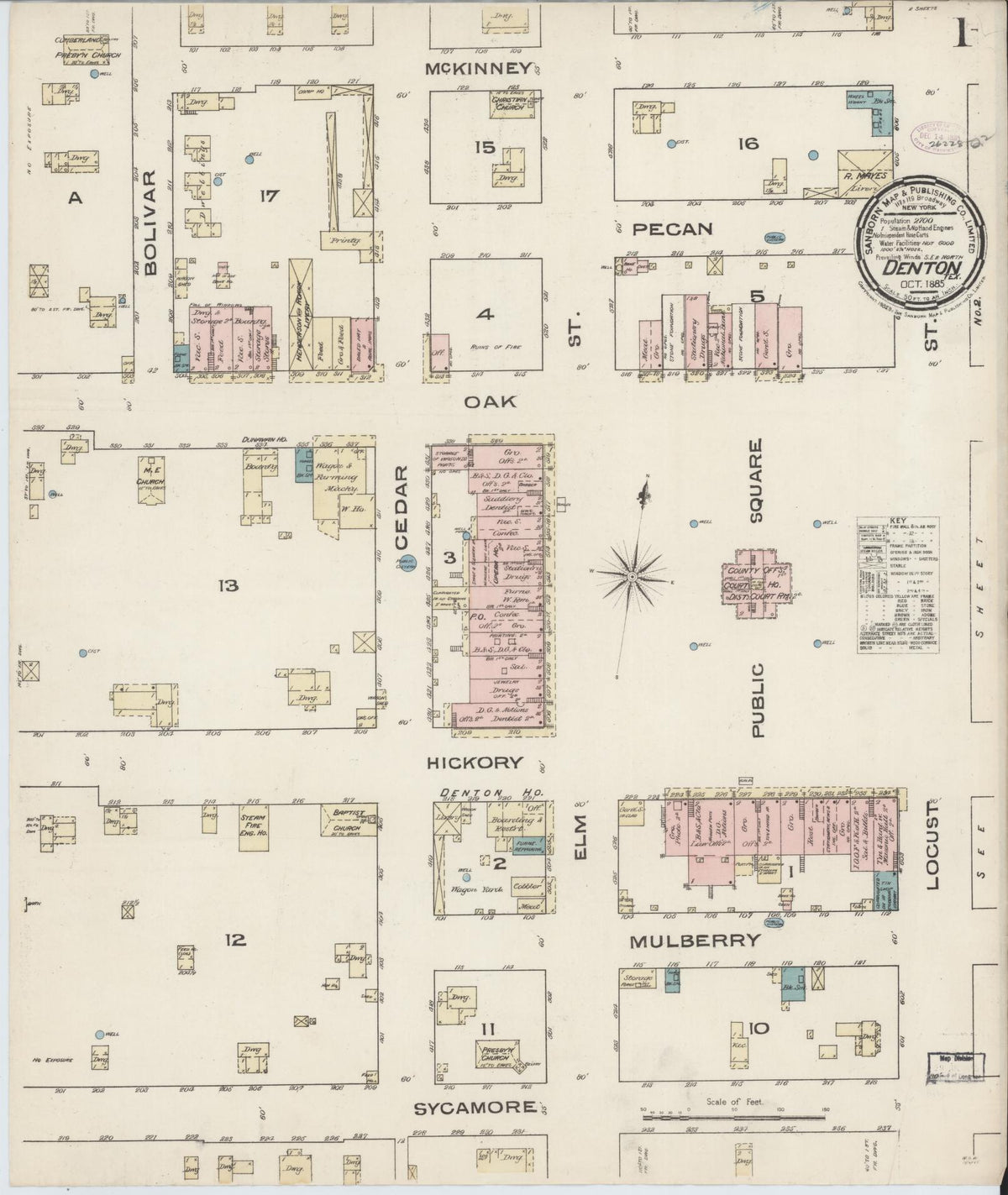 Sanborn Fire Insurance Map from Denton, Denton County, Texas (1885), Sheet #0001 - Historic Sanborn Fire Insurance Map Print, vintage old map wall art, antique decor, genealogy gift, Texas Texas map